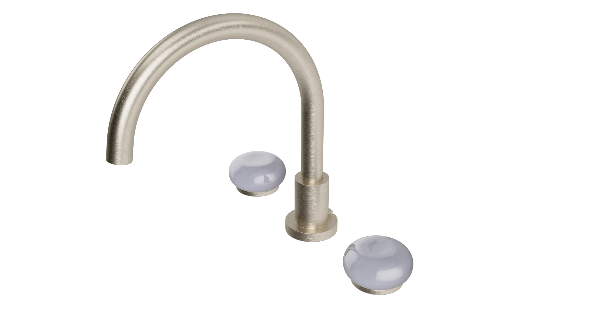 Foundry Two Handle Deck Mount Gooseneck Bath Trim with Pebble Ceramic Knob Handles in Satin Nickel