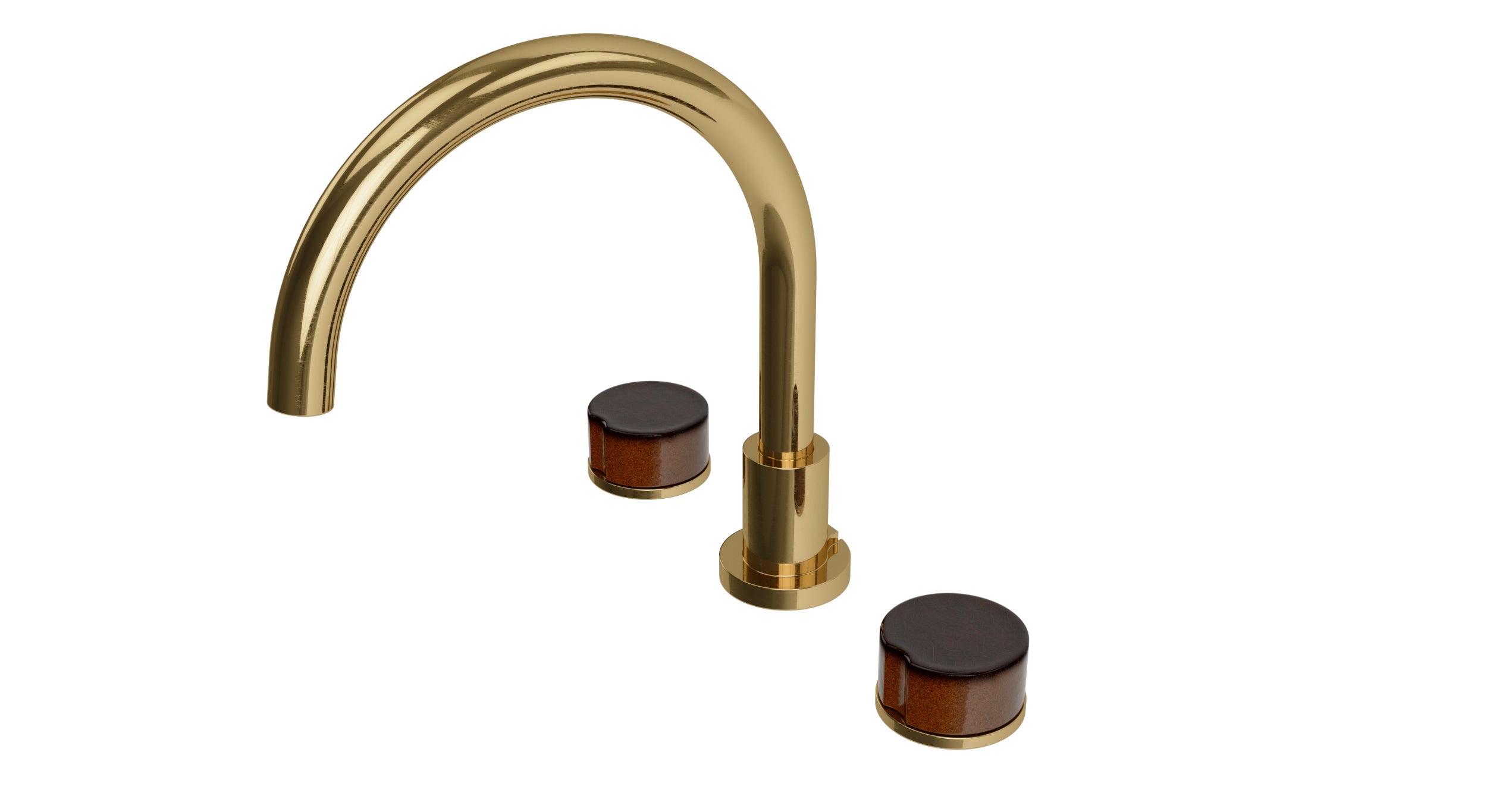 Foundry Two Handle Deck Mount Gooseneck Bath Trim with Groove Ceramic Knob Handles in Uncoated Polished Brass