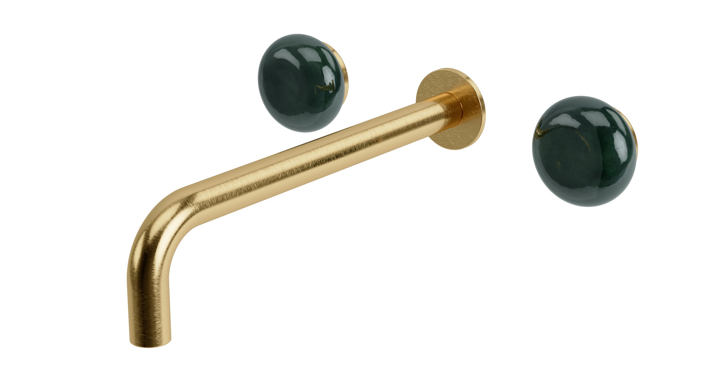 Foundry Two Handle Wall Mount 10" Lavatory Faucet with Pebble Ceramic Knob Handles in Satin Brass