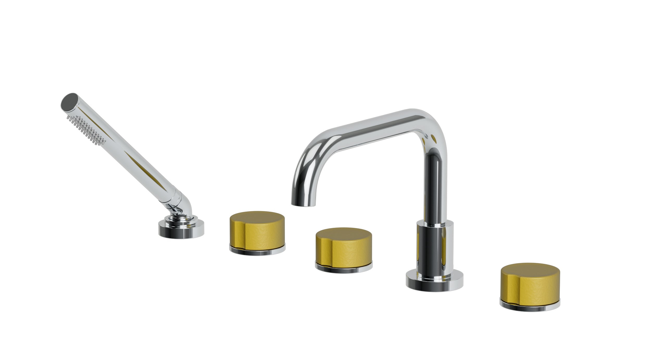 Foundry Three Handle Deck Mount Squaretop Bath Trim with Hand Shower and Groove Ceramic Knob Handles in Polished Chrome
