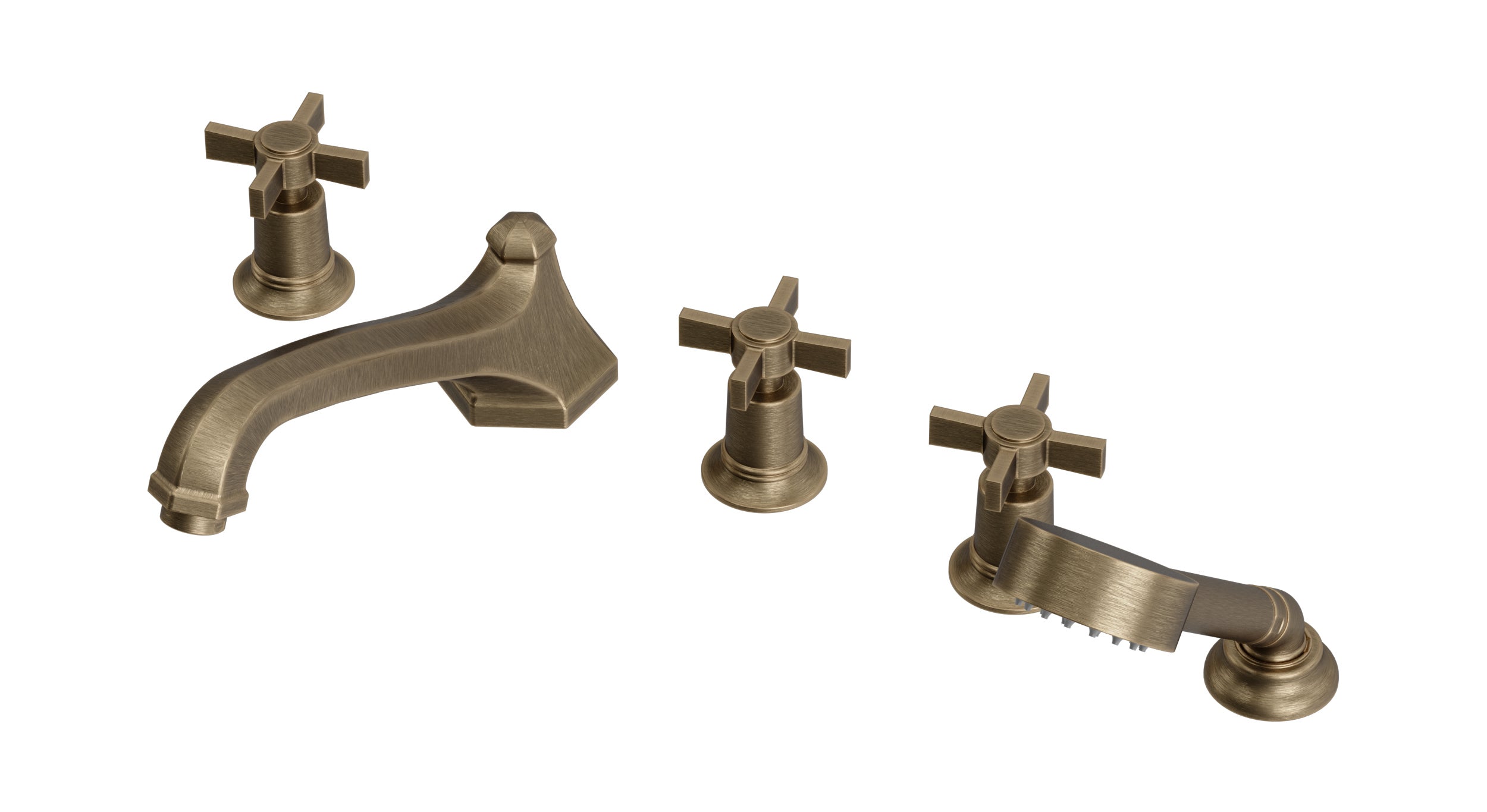 Emerson Three Handle Deck Mount Low Hexagon Bath Trim with Hand Shower and Defined Cross Handles in Antique Brass