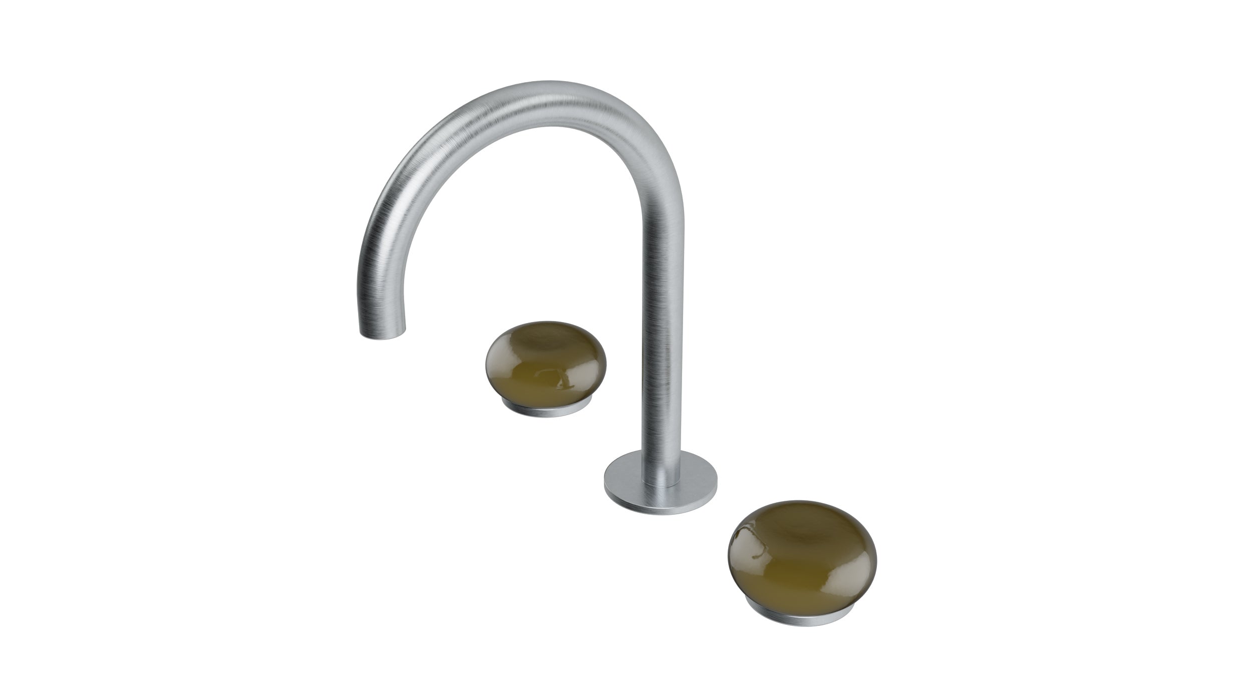 Foundry Two Handle Deck Mount Gooseneck Lavatory Faucet with Pebble Ceramic Knob Handles in Satin Chrome
