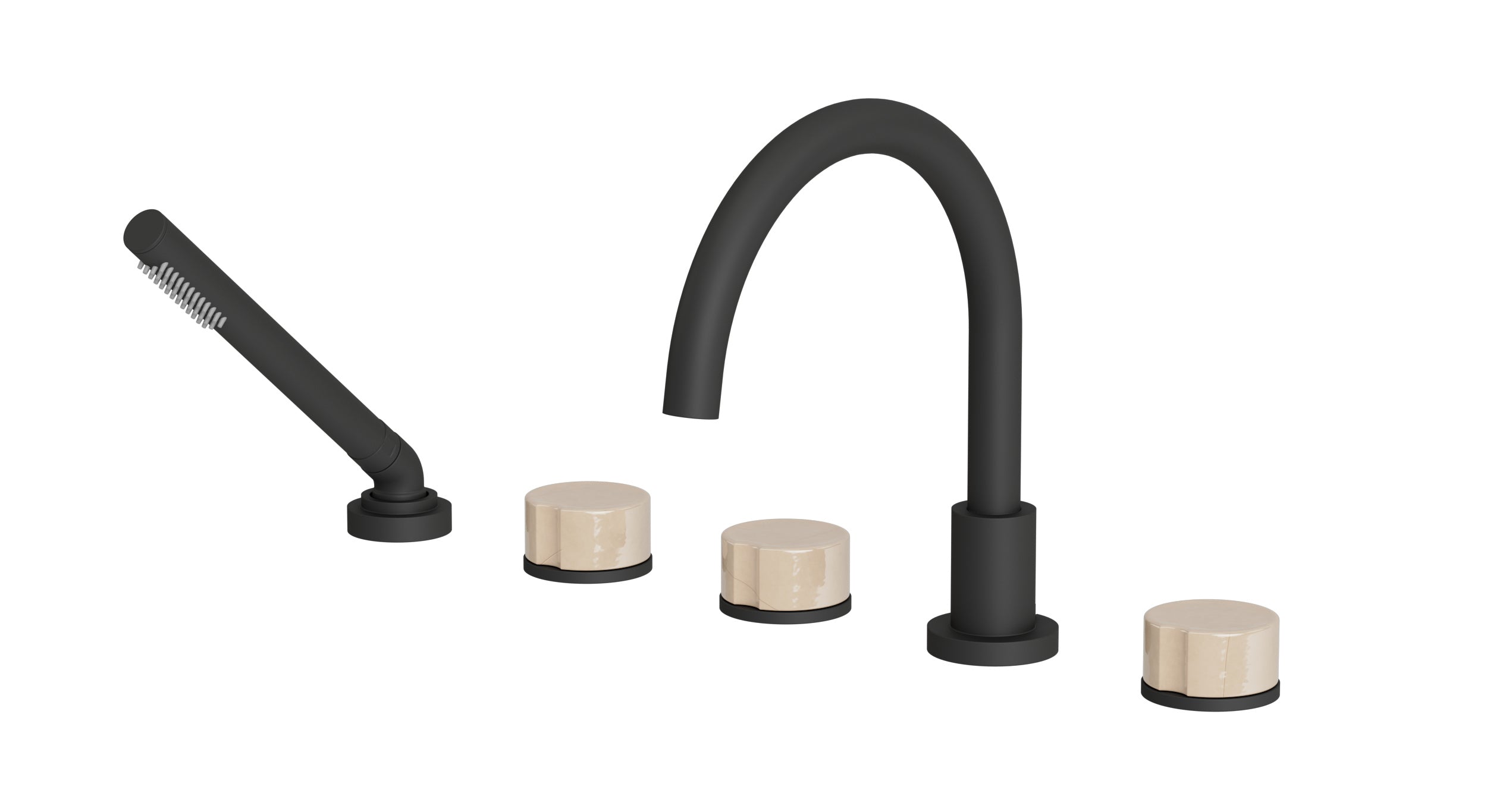 Foundry Three Handle Deck Mount Gooseneck Bath Trim with Hand Shower and Groove Ceramic Knob Handles in Matte Black
