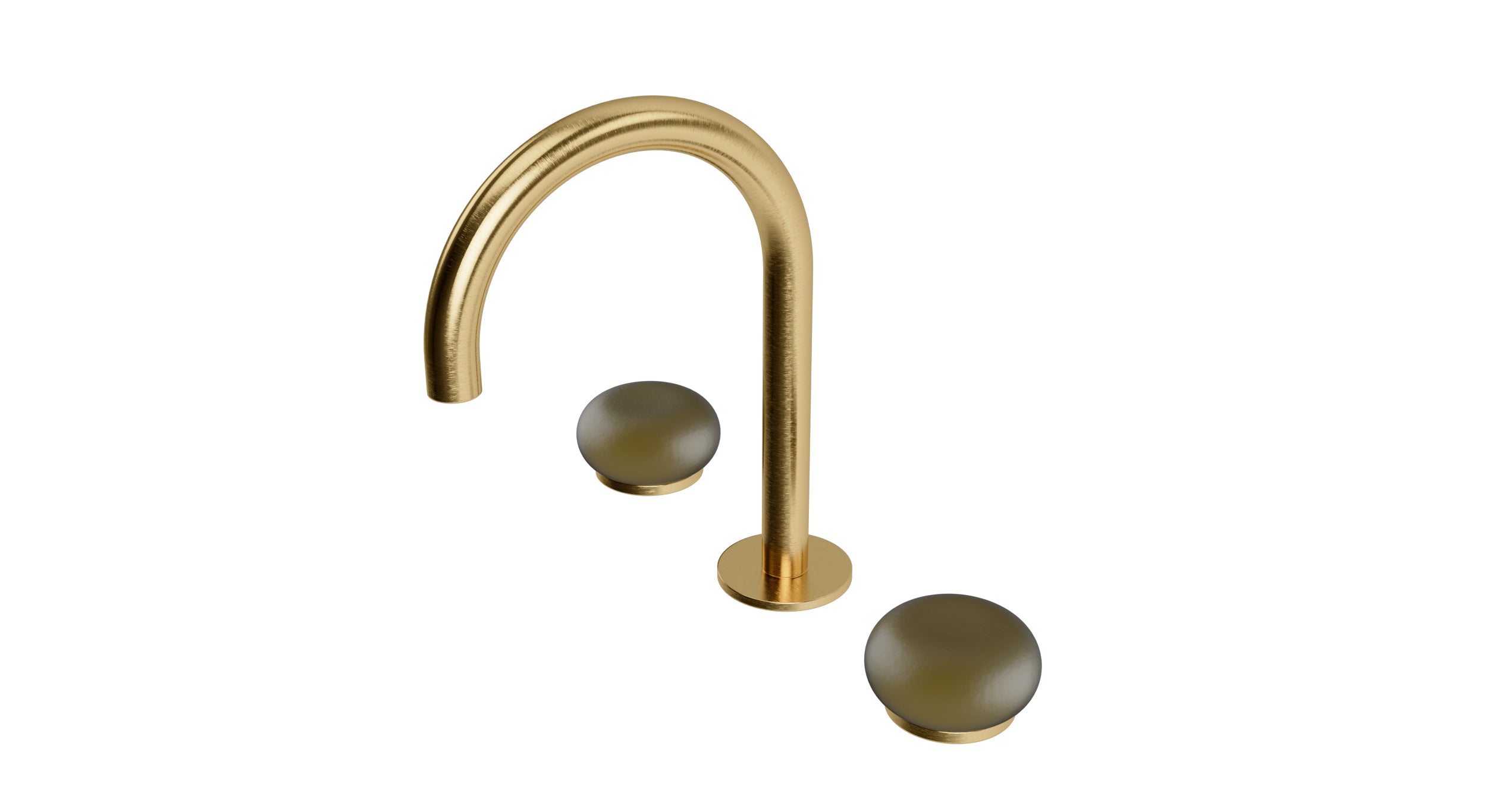 Foundry Two Handle Deck Mount Gooseneck Lavatory Faucet with Pebble Ceramic Knob Handles in Satin Brass
