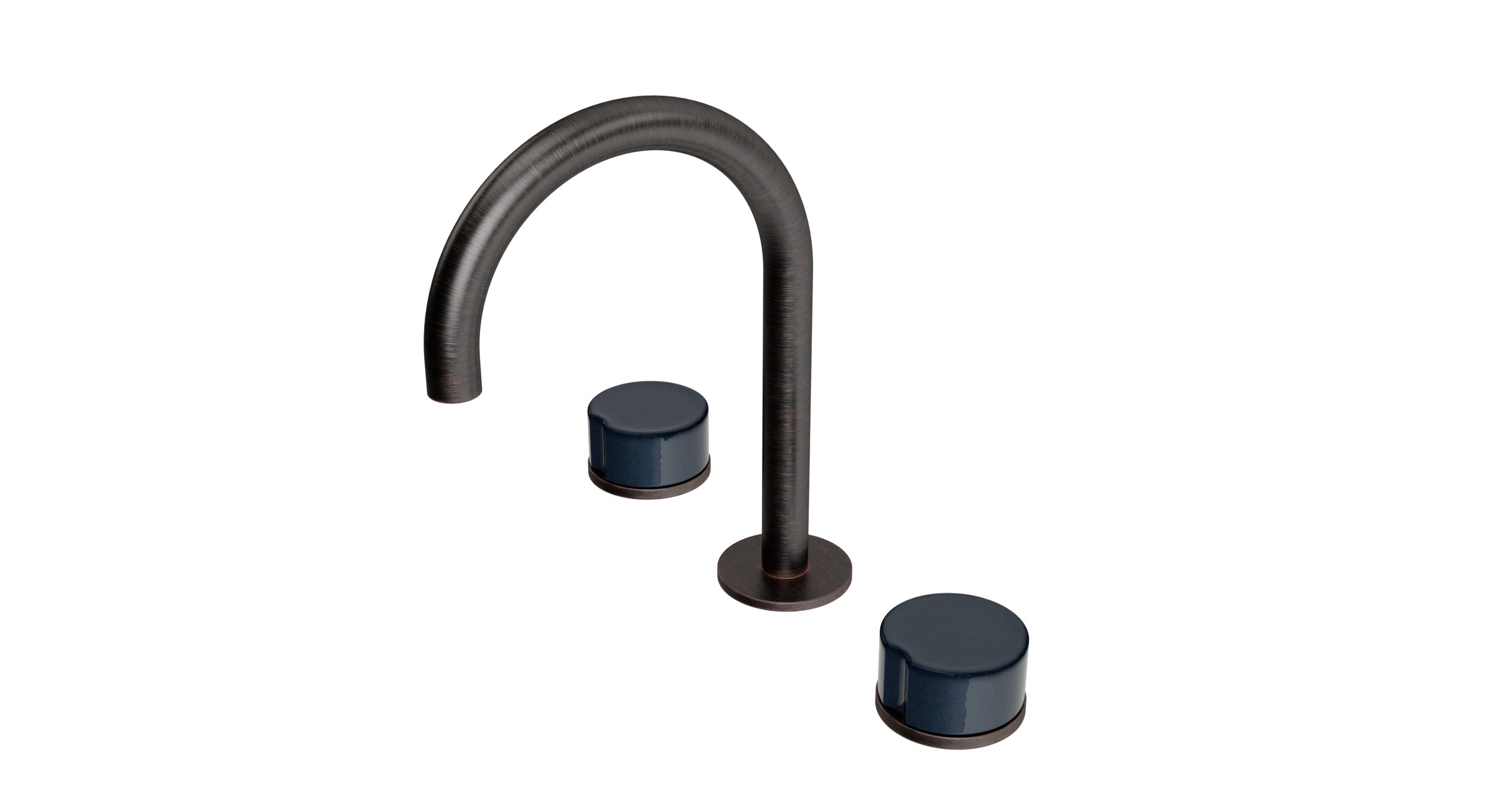 Foundry Two Handle Deck Mount Gooseneck Lavatory Faucet with Groove Ceramic Knob Handles in Antique Bronze