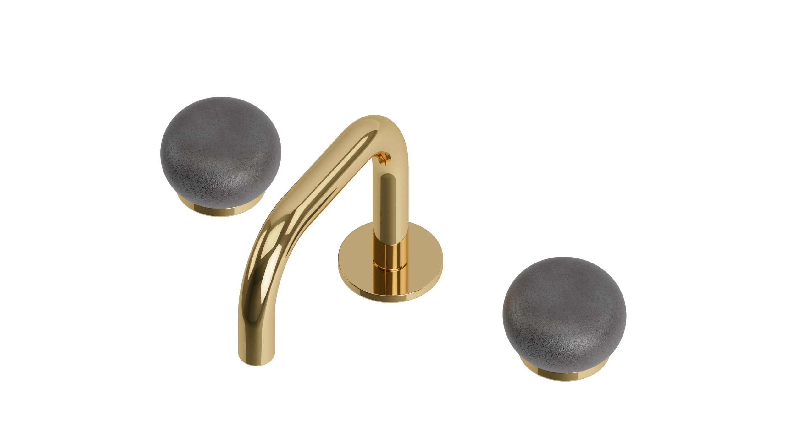 Foundry Two Handle Deck Mount Squaretop Lavatory Faucet with Pebble Ceramic Knob Handles in Polished Brass