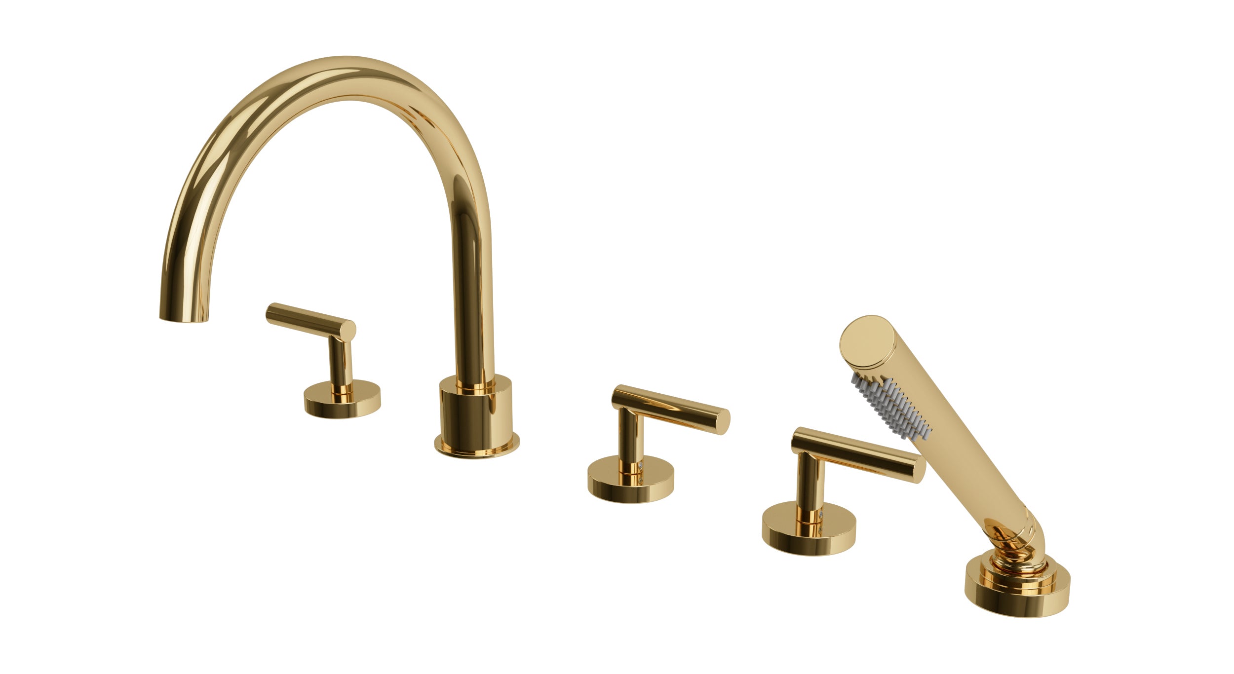 Contour Three Handle Deck Mount Gooseneck Bath Trim with Hand Shower and Soft Lever Handles in Polished Brass
