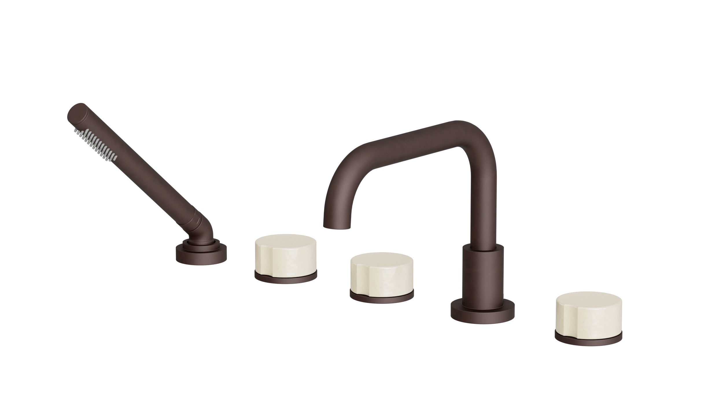 Foundry Three Handle Deck Mount Squaretop Bath Trim with Hand Shower and Groove Ceramic Knob Handles in Architectural Copper