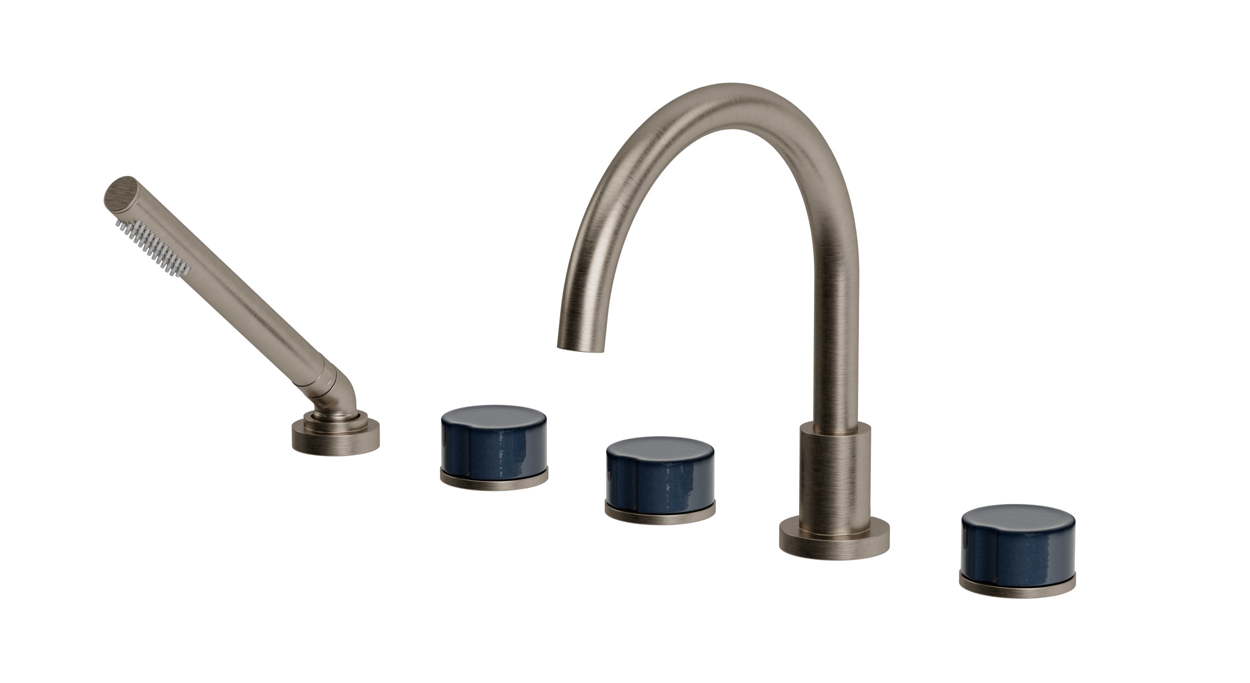 Foundry Three Handle Deck Mount Gooseneck Bath Trim with Hand Shower and Groove Ceramic Knob Handles in Antique Nickel