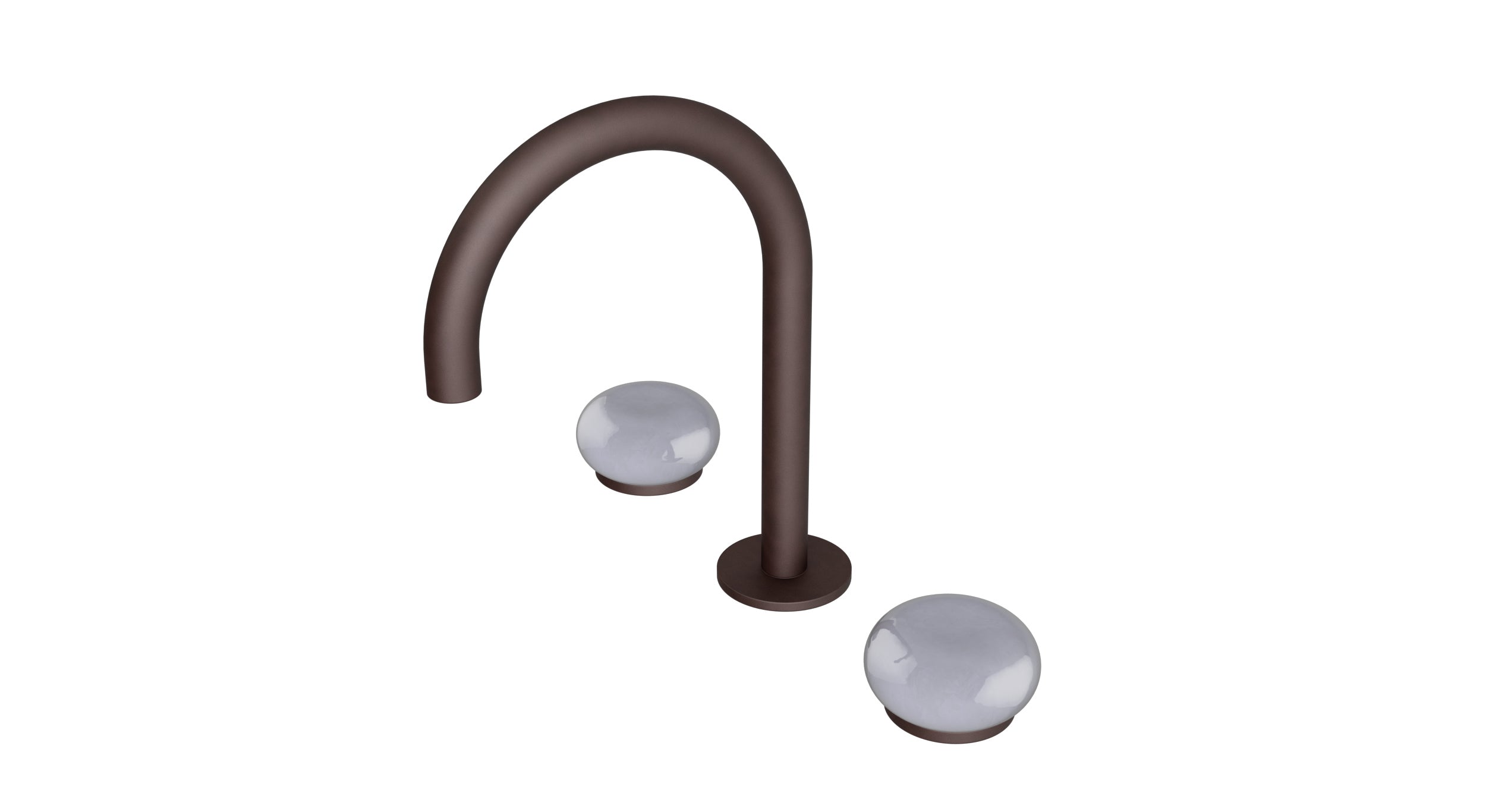 Foundry Two Handle Deck Mount Gooseneck Lavatory Faucet with Pebble Ceramic Knob Handles in Architectural Copper