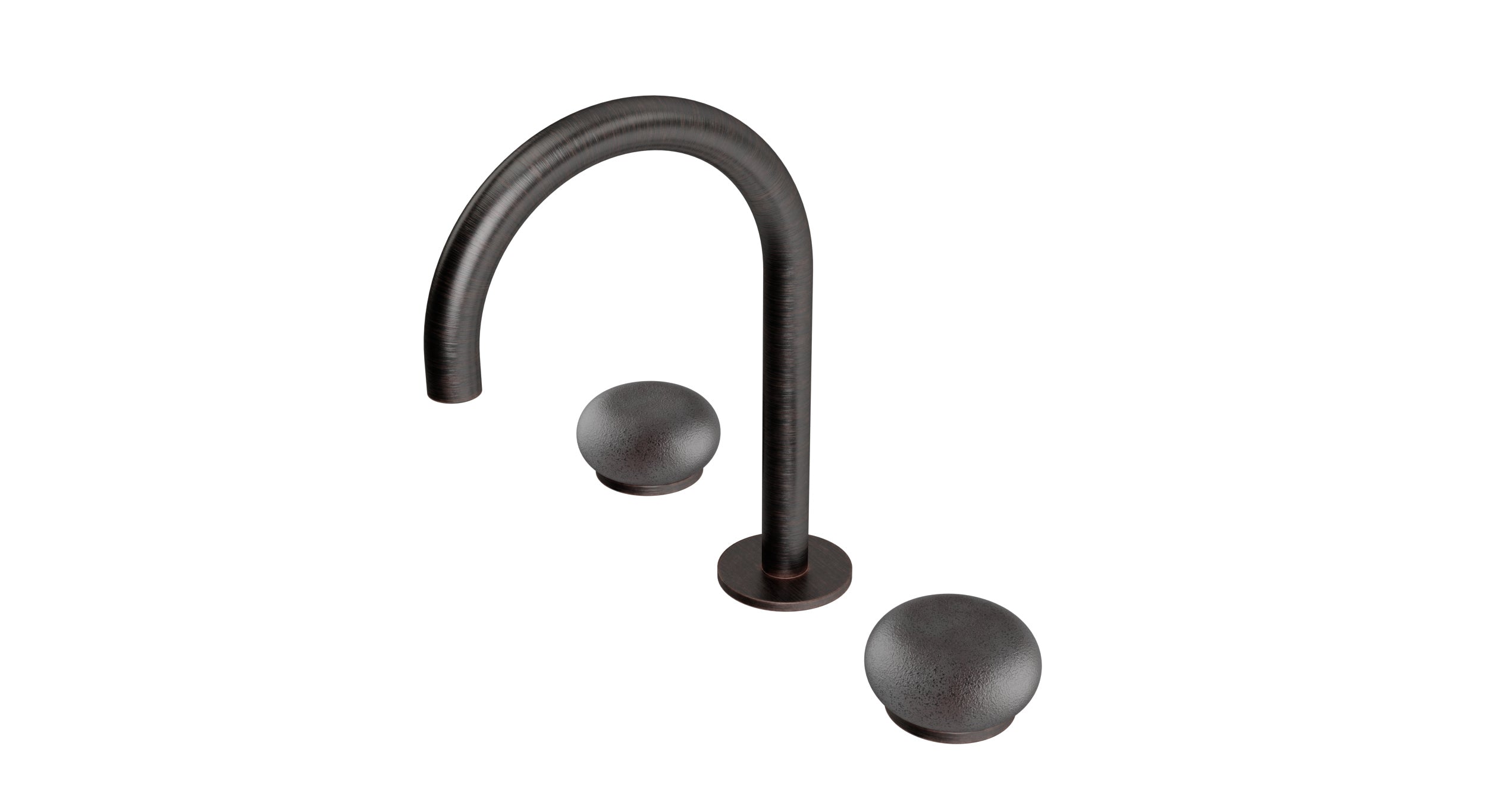 Foundry Two Handle Deck Mount Gooseneck Lavatory Faucet with Pebble Ceramic Knob Handles in Antique Bronze