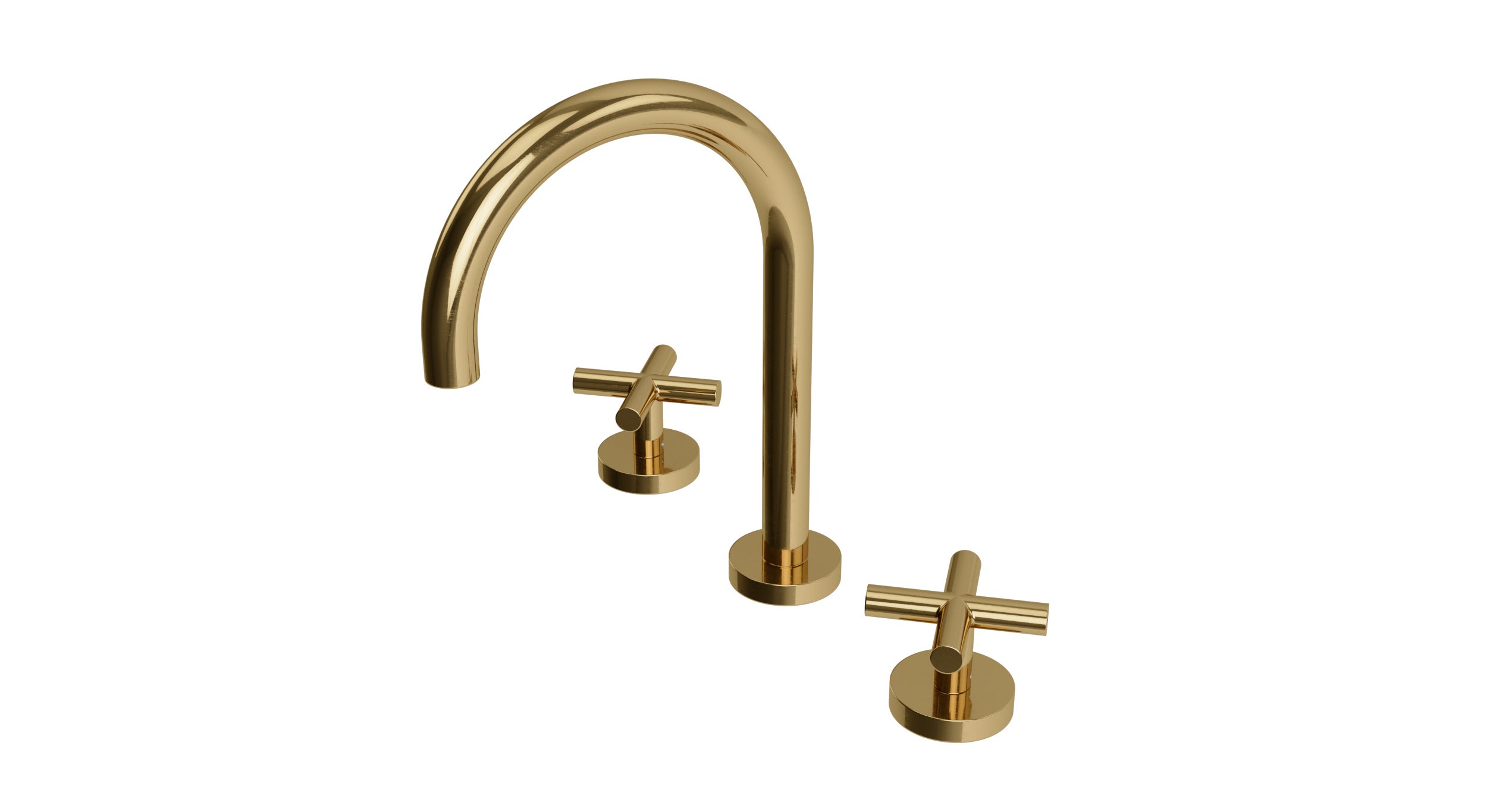 Contour Two Handle Deck Mount Gooseneck Lavatory Faucet with Soft Cross Handles in Uncoated Polished Brass
