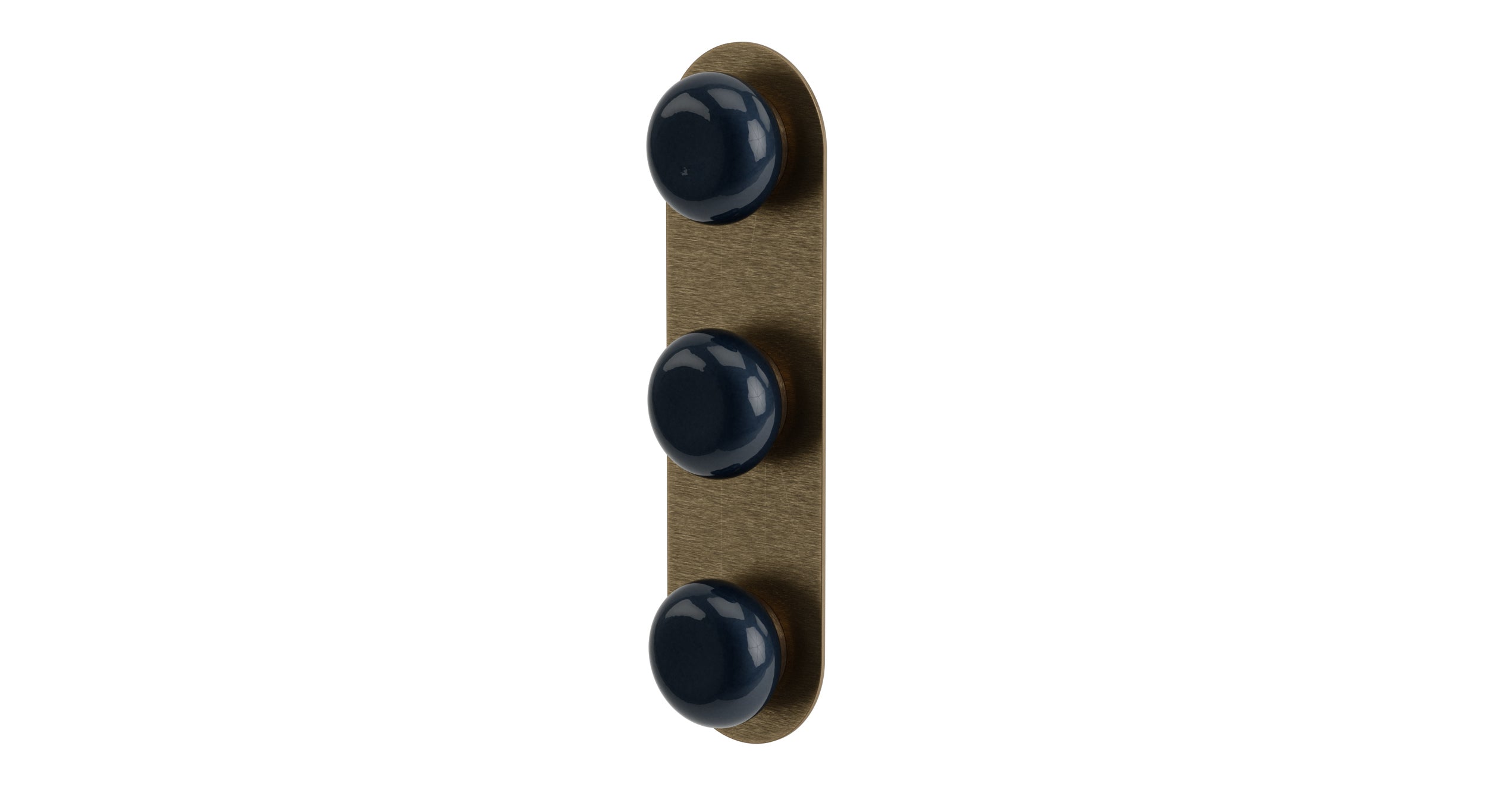 Foundry Three Handle Wall Mount Shower Trim with Pebble Ceramic Knob Handles in Antique Brass