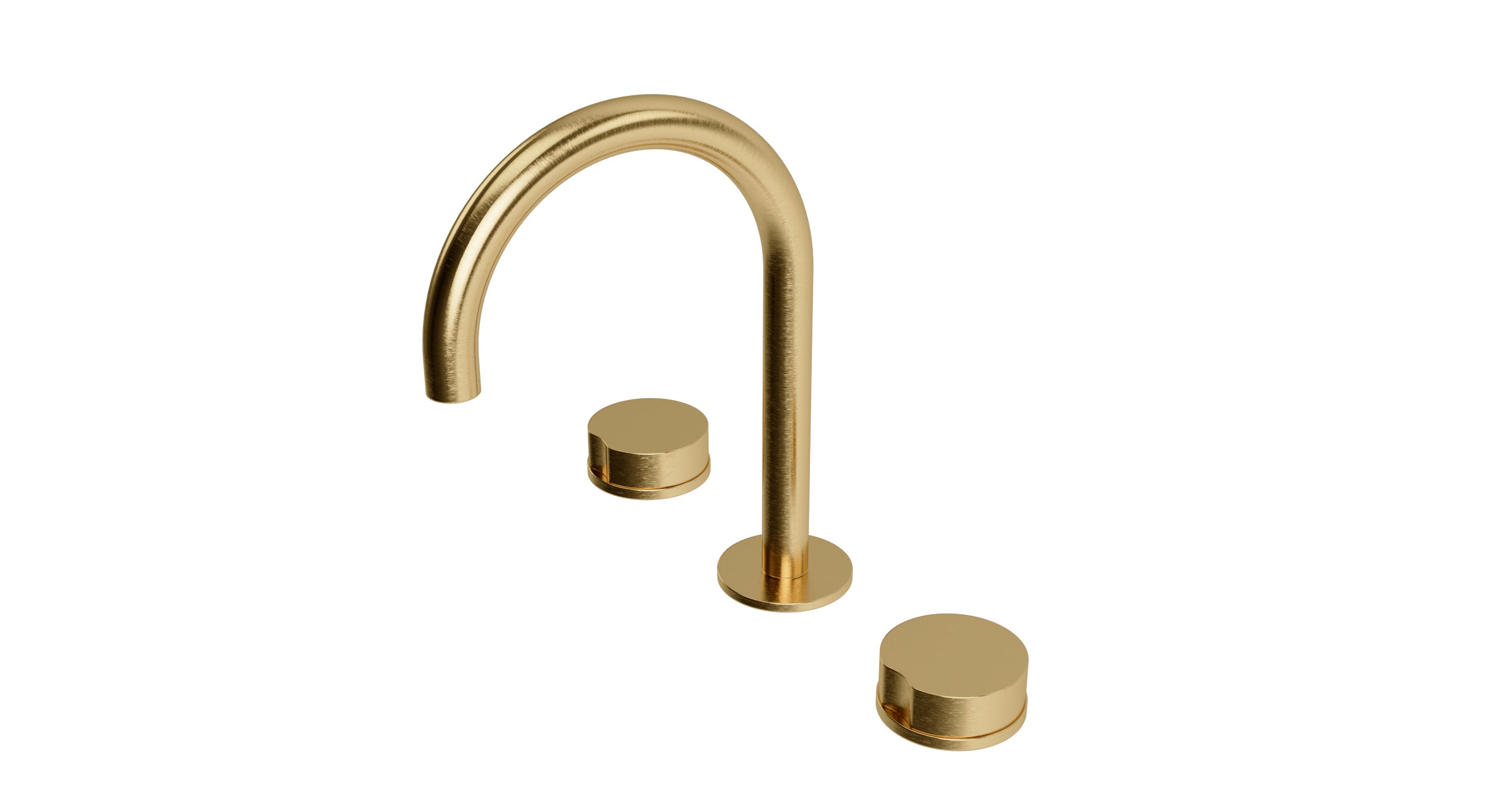 Foundry Two Handle Deck Mount Gooseneck Lavatory Faucet with Barrel Knob Handles in Satin Brass