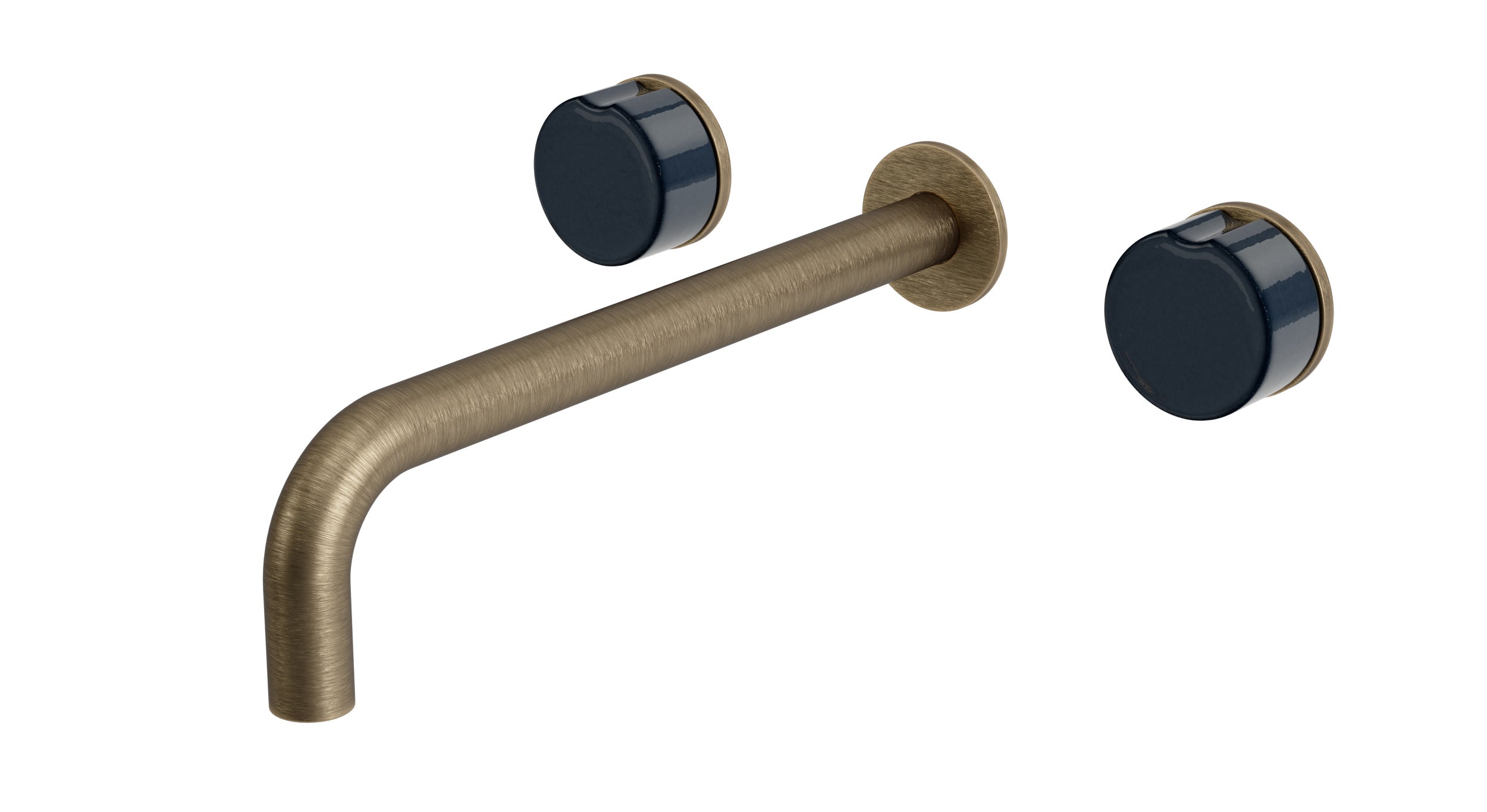 Foundry Two Handle Wall Mount 10" Lavatory Faucet with Groove Ceramic Knob Handles in Antique Brass