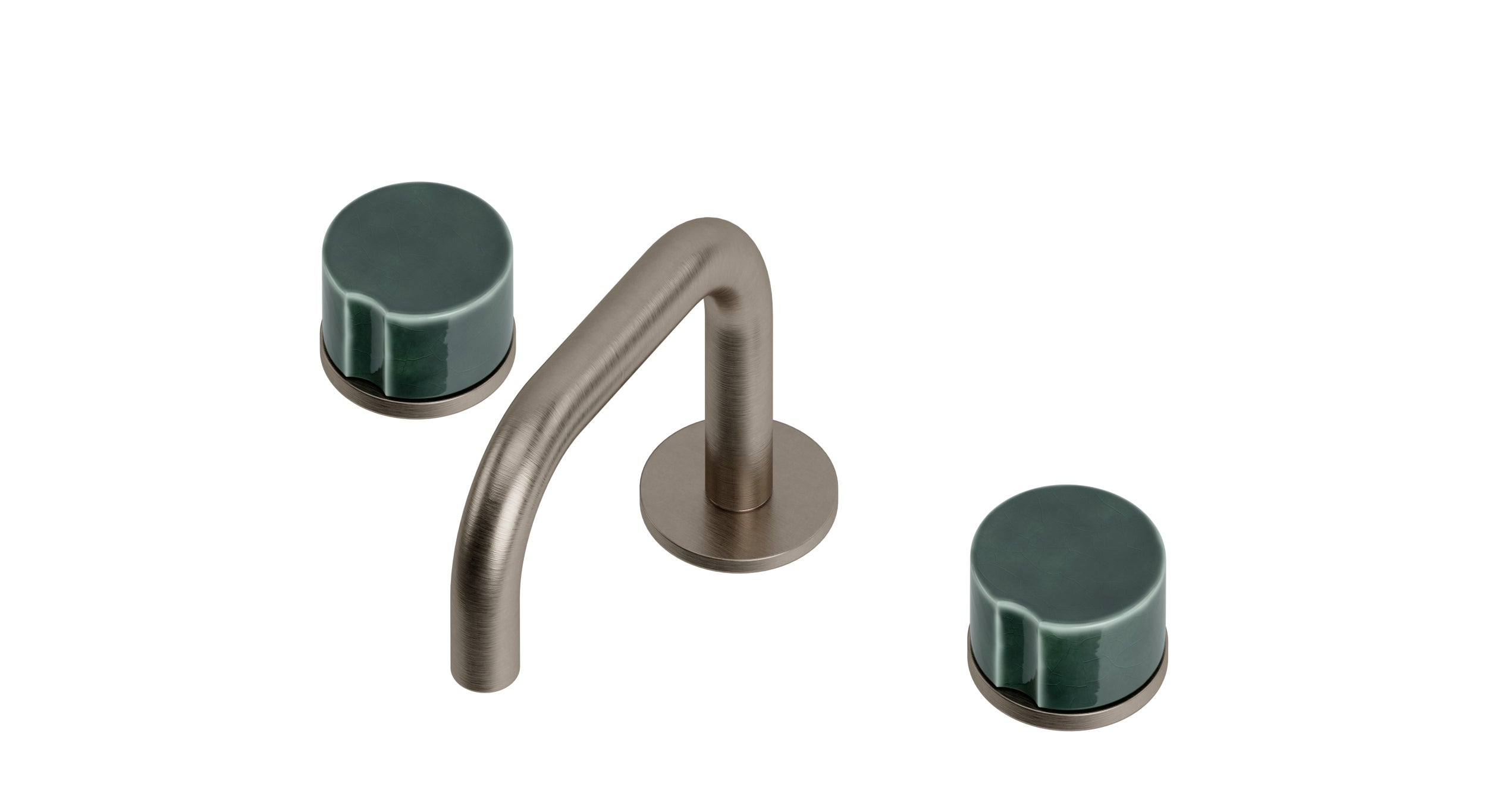 Foundry Two Handle Deck Mount Squaretop Lavatory Faucet with Groove Ceramic Knob Handles in Antique Nickel