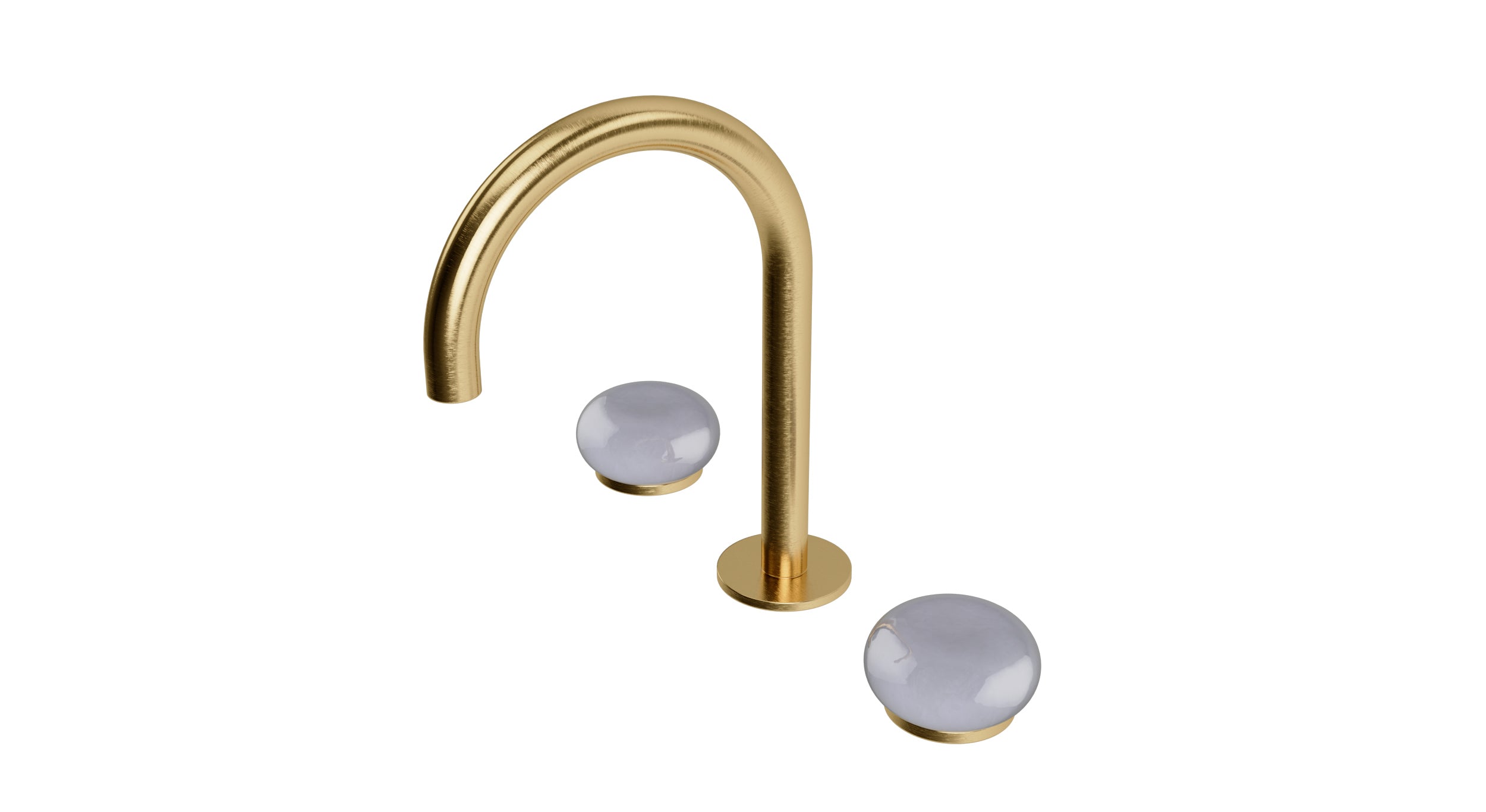 Foundry Two Handle Deck Mount Gooseneck Lavatory Faucet with Pebble Ceramic Knob Handles in Satin Brass