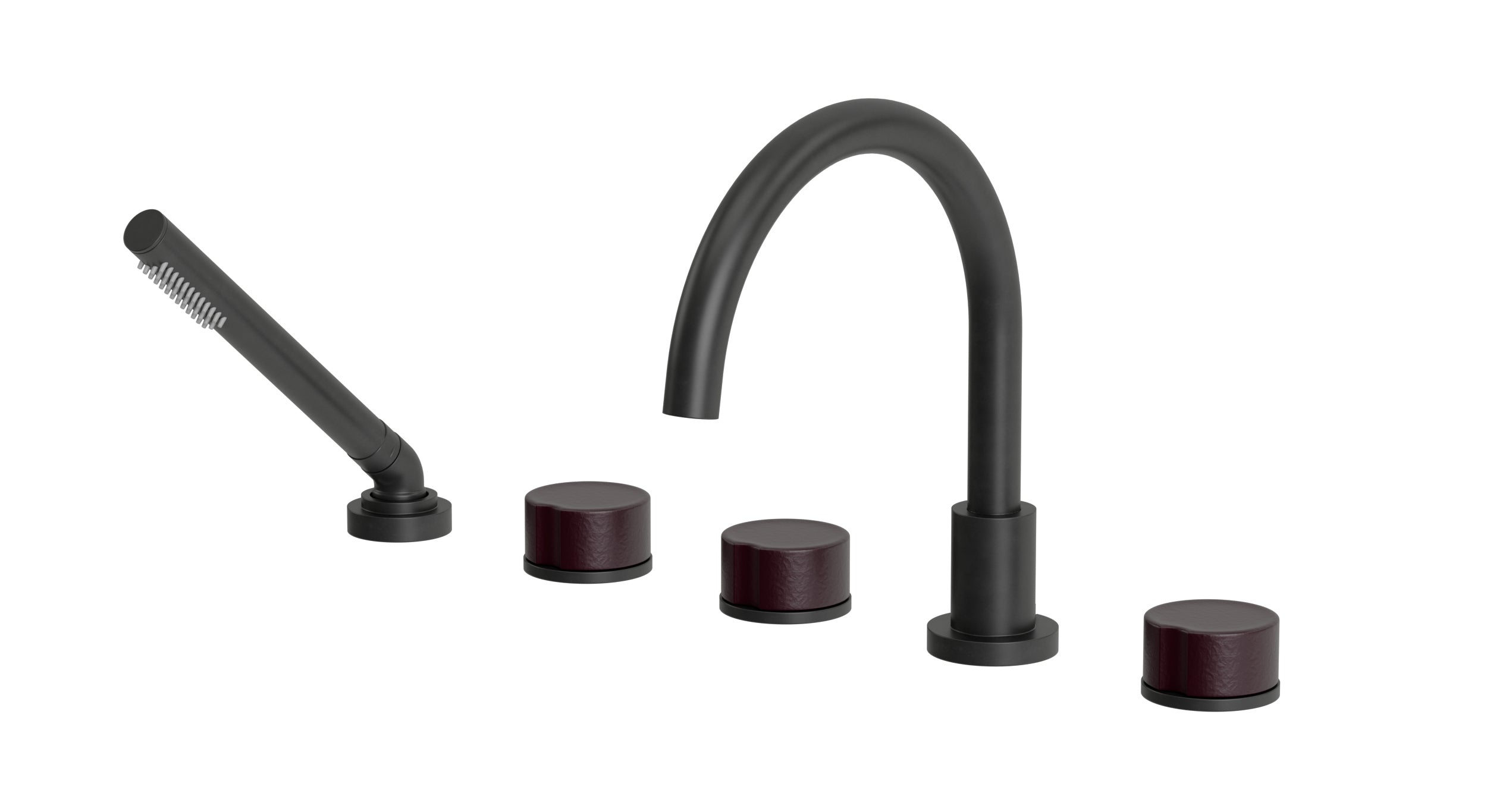 Foundry Three Handle Deck Mount Gooseneck Bath Trim with Hand Shower and Groove Ceramic Knob Handles in Oil Rubbed Bronze