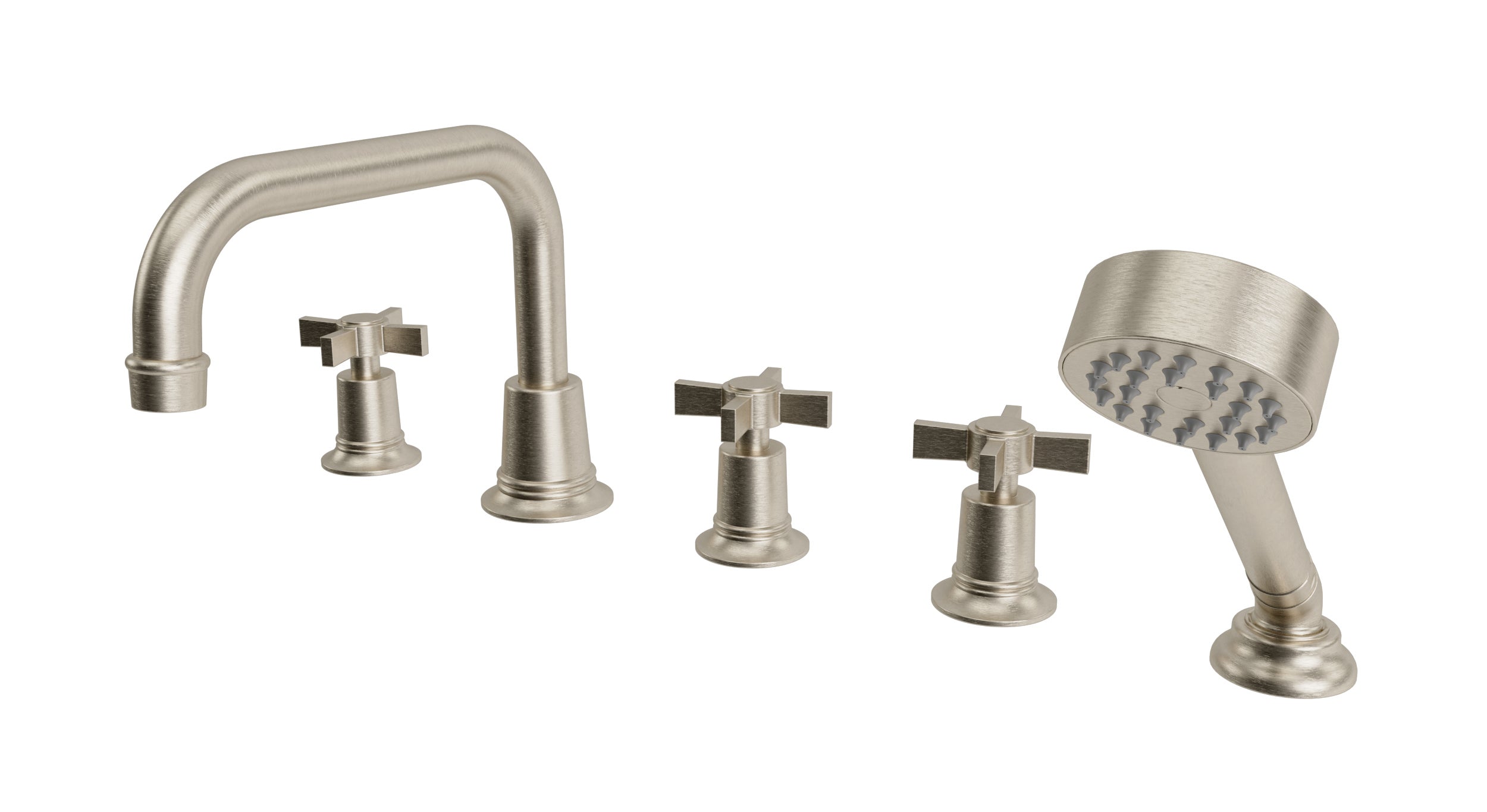 Emerson Three Handle Deck Mount Squaretop Bath Trim with Hand Shower and Defined Cross Handles in Satin Nickel