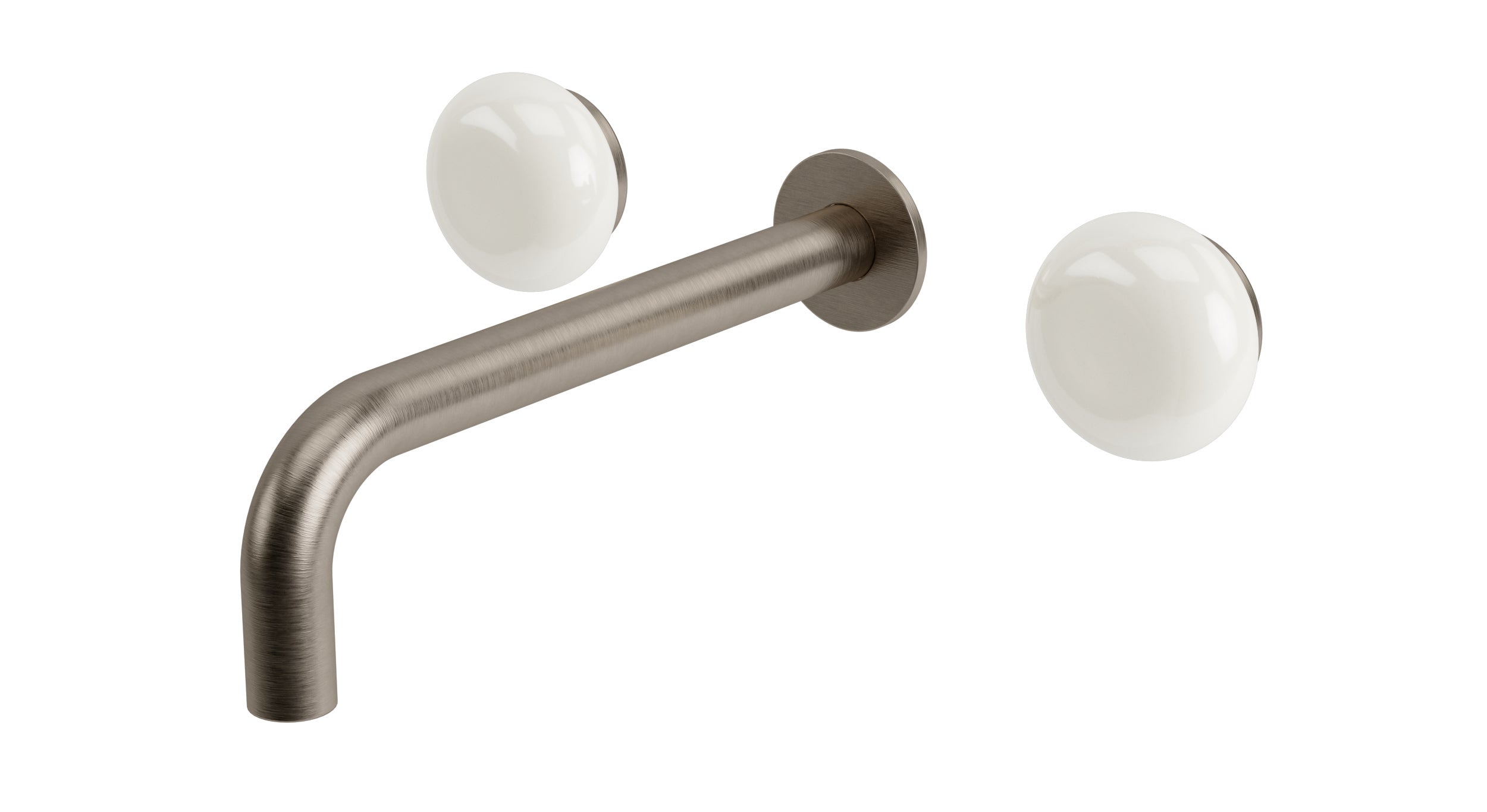 Foundry Two Handle Wall Mount 7.5" Lavatory Faucet with Pebble Ceramic Knob Handles in Antique Nickel