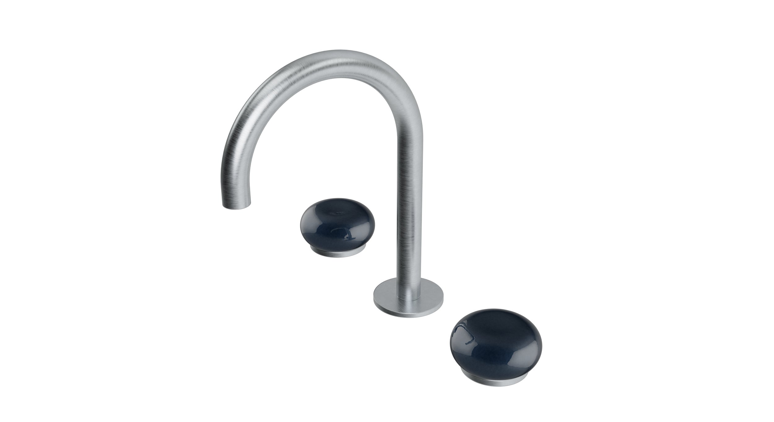 Foundry Two Handle Deck Mount Gooseneck Lavatory Faucet with Pebble Ceramic Knob Handles in Satin Chrome