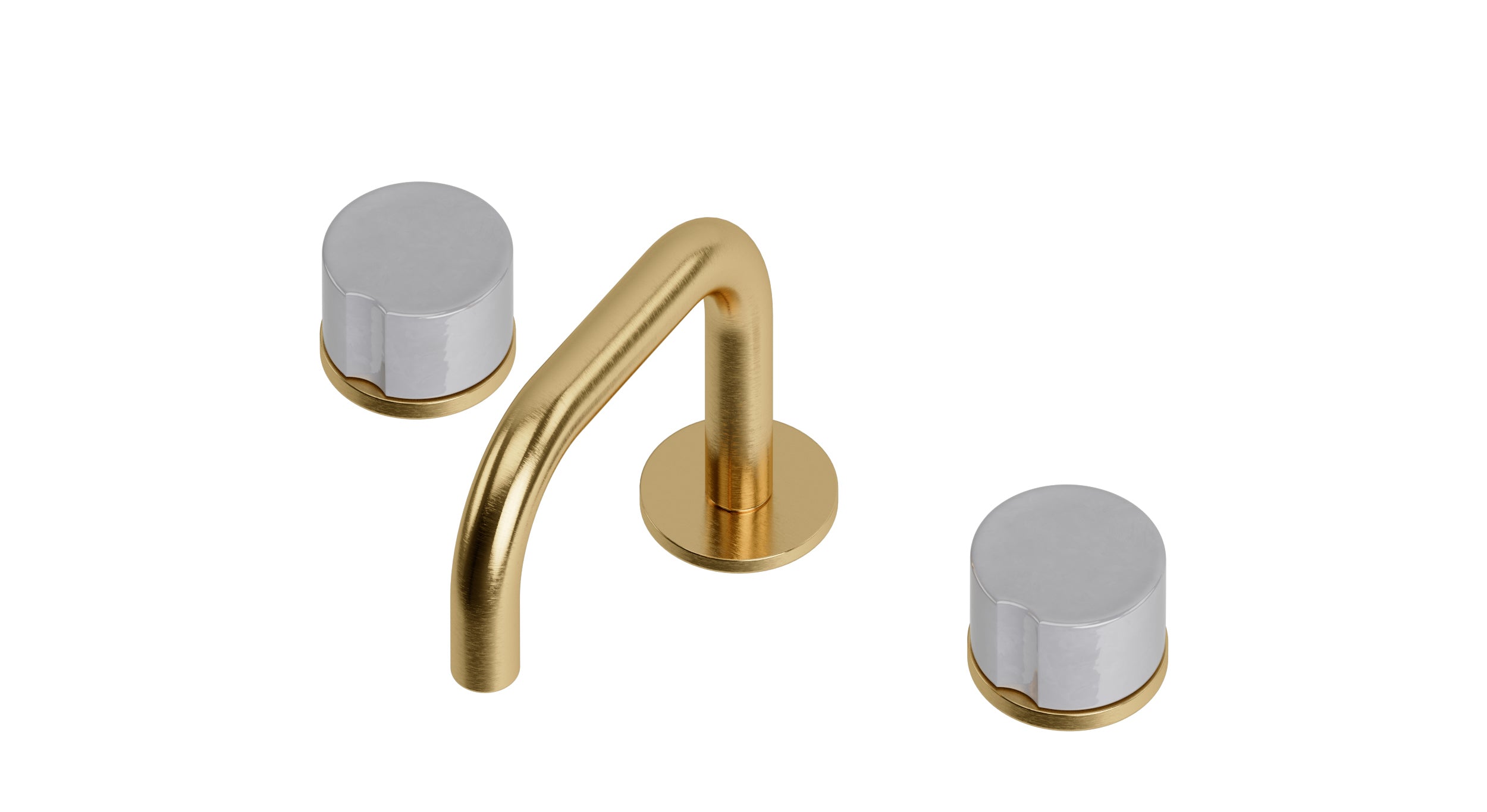 Foundry Two Handle Deck Mount Squaretop Lavatory Faucet with Groove Ceramic Knob Handles in Satin Brass