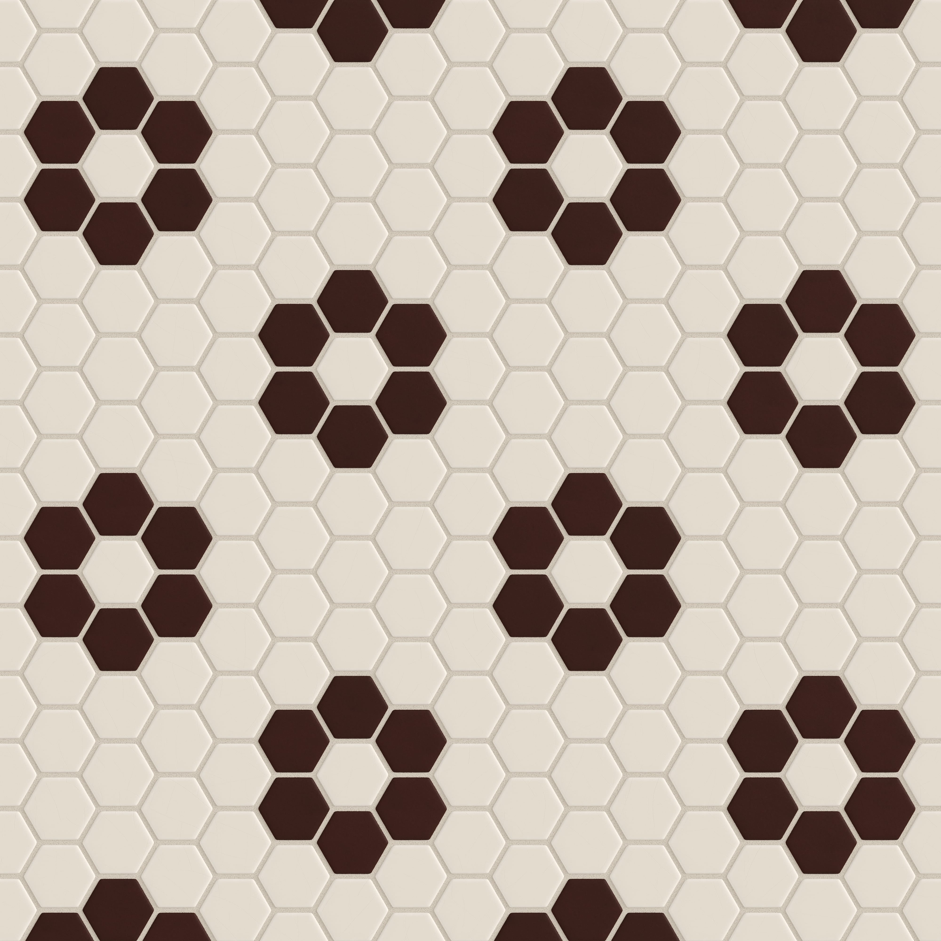 2" Hexagon Double Daisy Sheeted Original Ceramic Tile in Sand Dune Matte & Garnet Matte