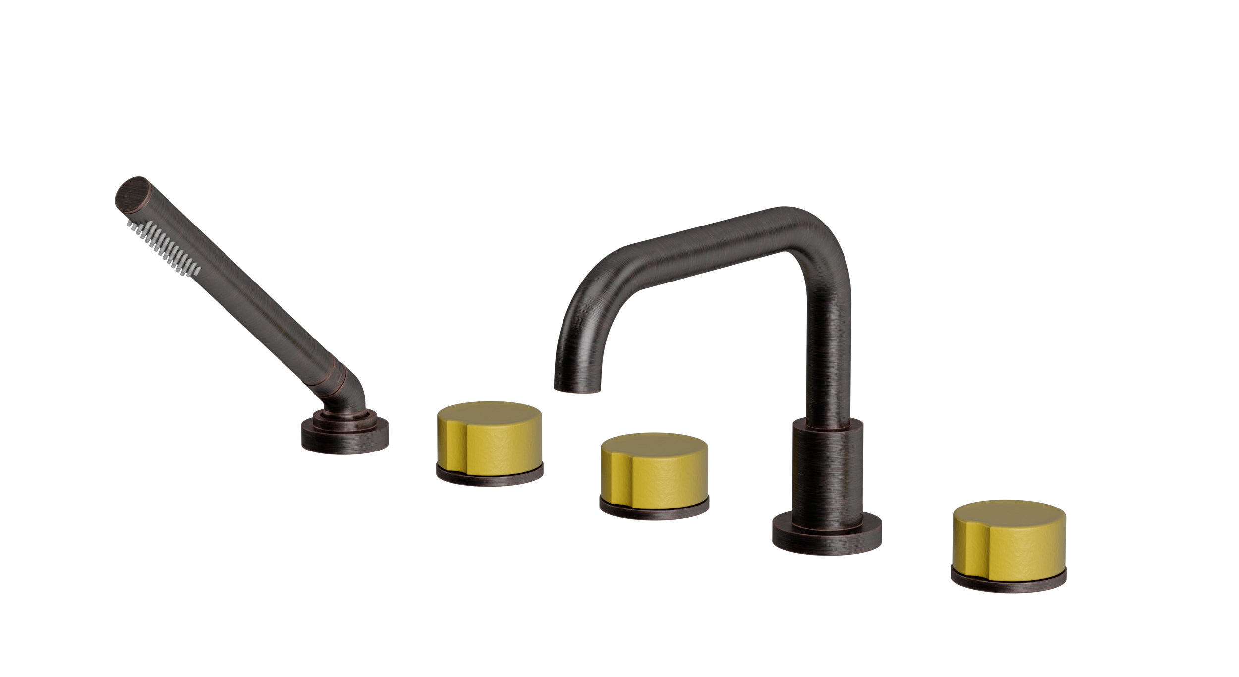 Foundry Three Handle Deck Mount Squaretop Bath Trim with Hand Shower and Groove Ceramic Knob Handles in Antique Bronze