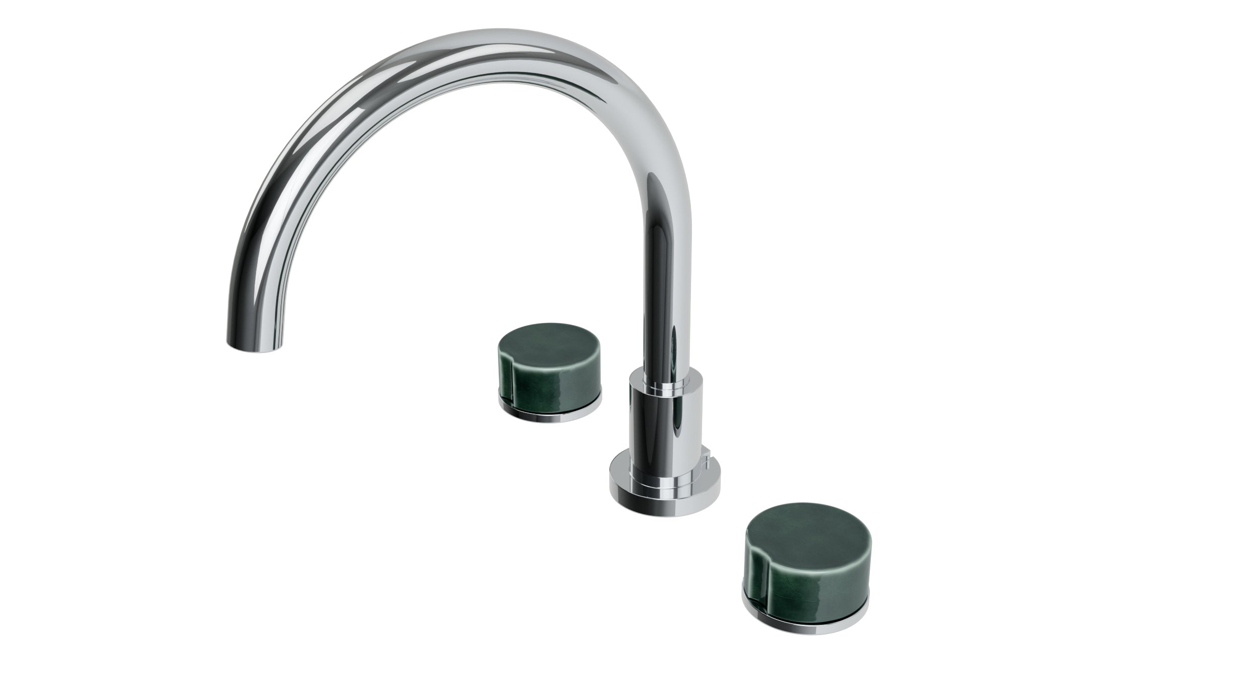 Foundry Two Handle Deck Mount Gooseneck Bath Trim with Groove Ceramic Knob Handles in Polished Chrome
