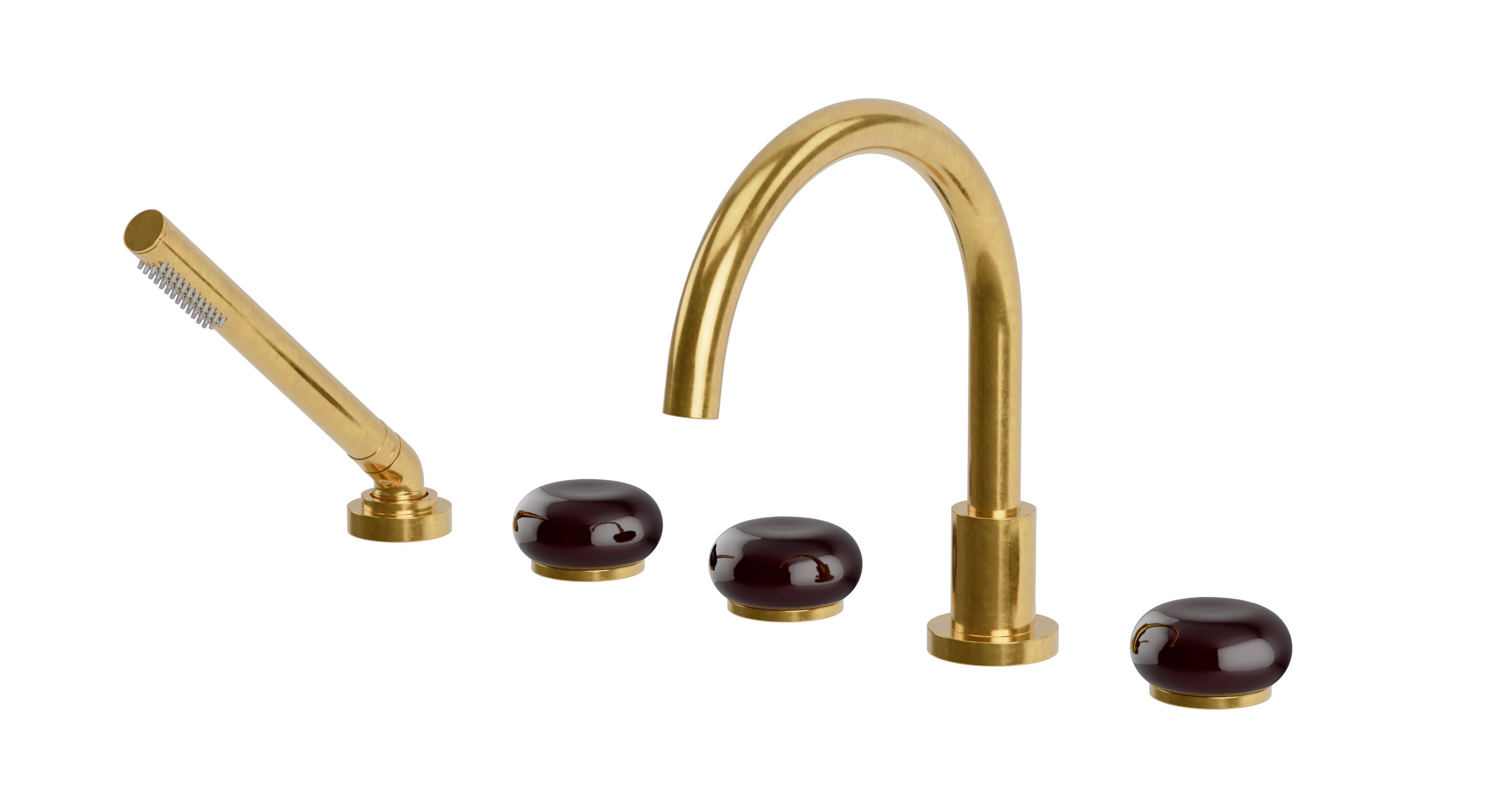 Foundry Three Handle Deck Mount Gooseneck Bath Trim with Hand Shower and Pebble Ceramic Knob Handles in French Brass