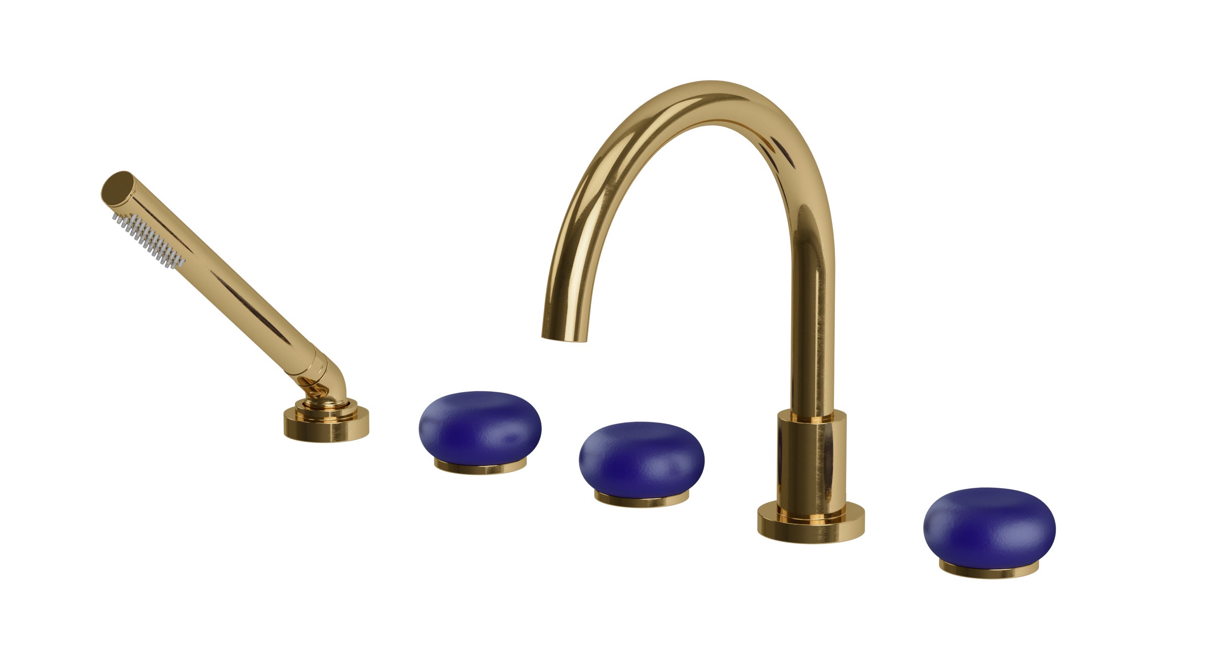 Foundry Three Handle Deck Mount Gooseneck Bath Trim with Hand Shower and Pebble Ceramic Knob Handles in Uncoated Polished Brass