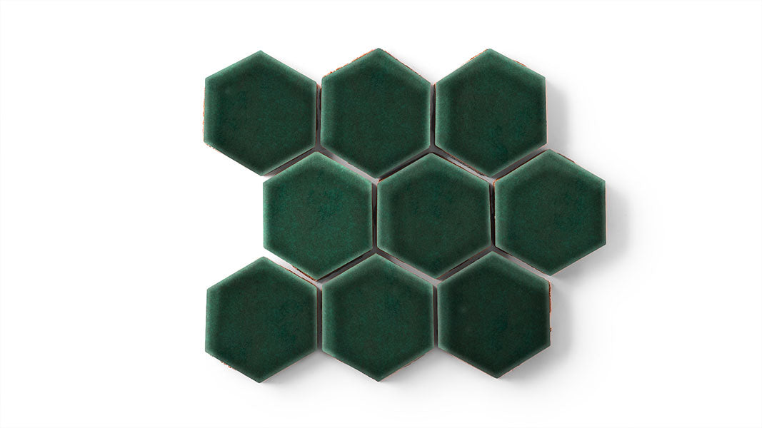 3" Hexagon Sheeted Original Ceramic Mosaic Tile in Evergreen Gloss