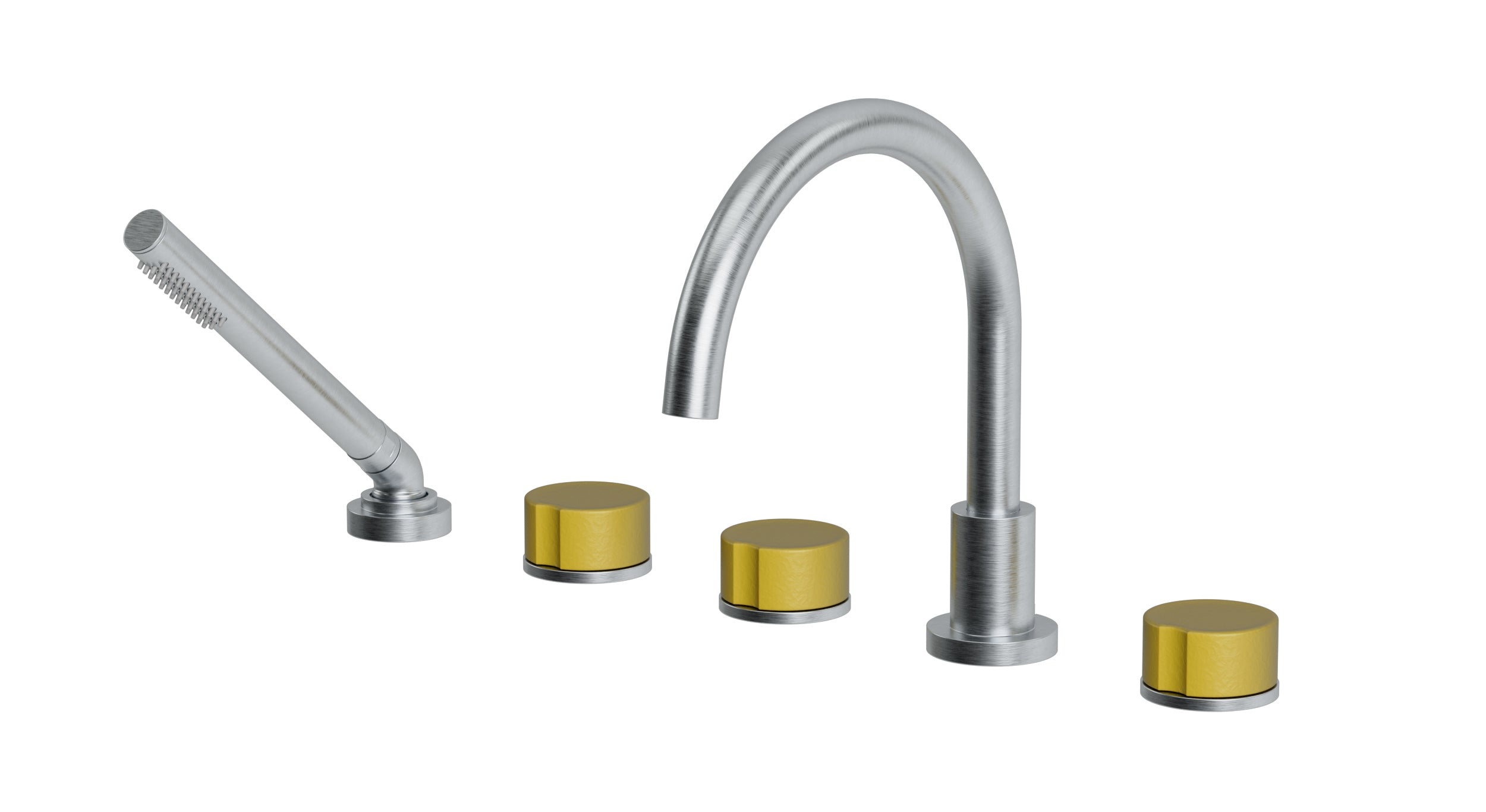 Foundry Three Handle Deck Mount Gooseneck Bath Trim with Hand Shower and Groove Ceramic Knob Handles in Satin Chrome