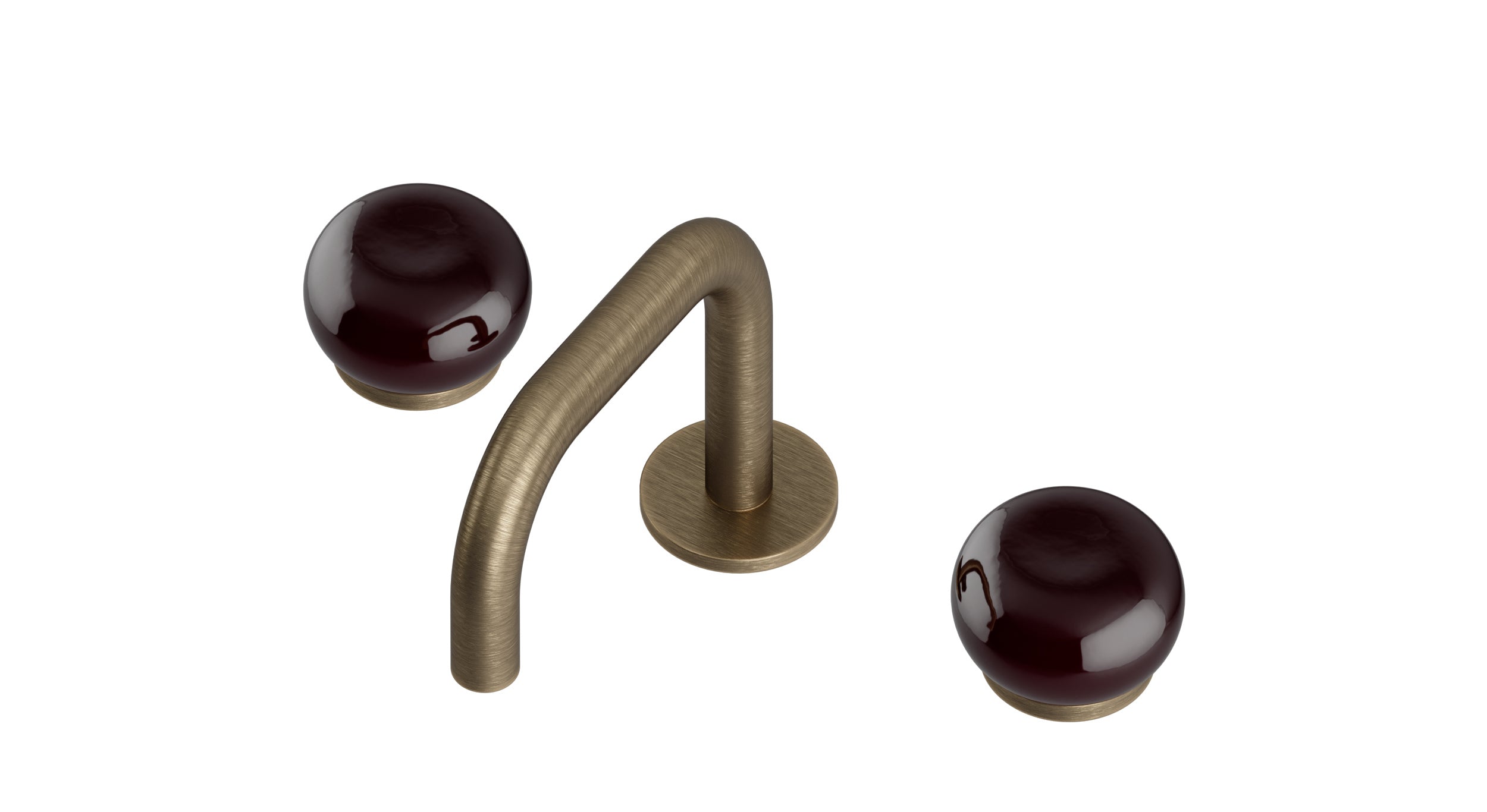 Foundry Two Handle Deck Mount Squaretop Lavatory Faucet with Pebble Ceramic Knob Handles in Antique Brass