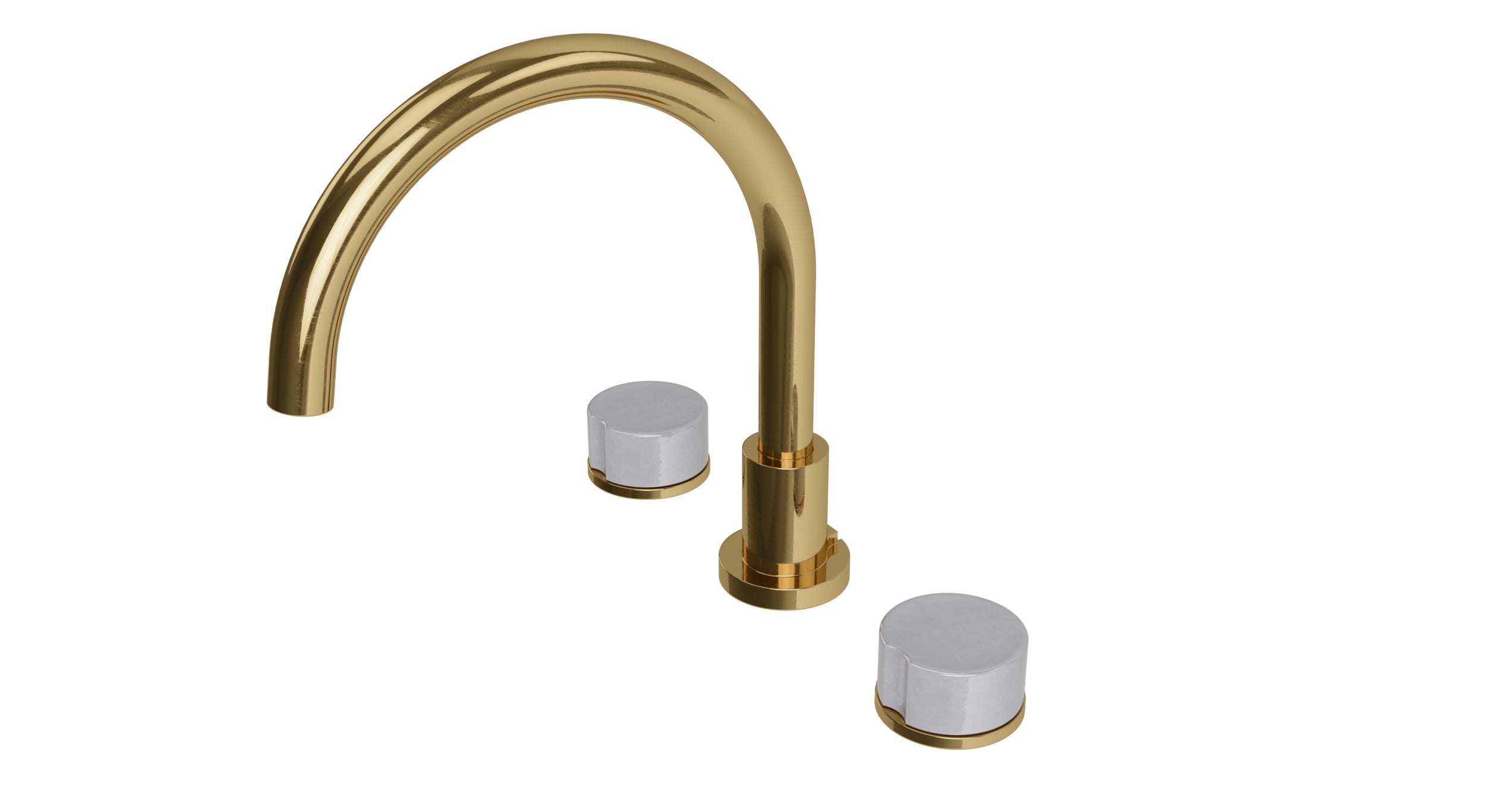 Foundry Two Handle Deck Mount Gooseneck Bath Trim with Groove Ceramic Knob Handles in Uncoated Polished Brass