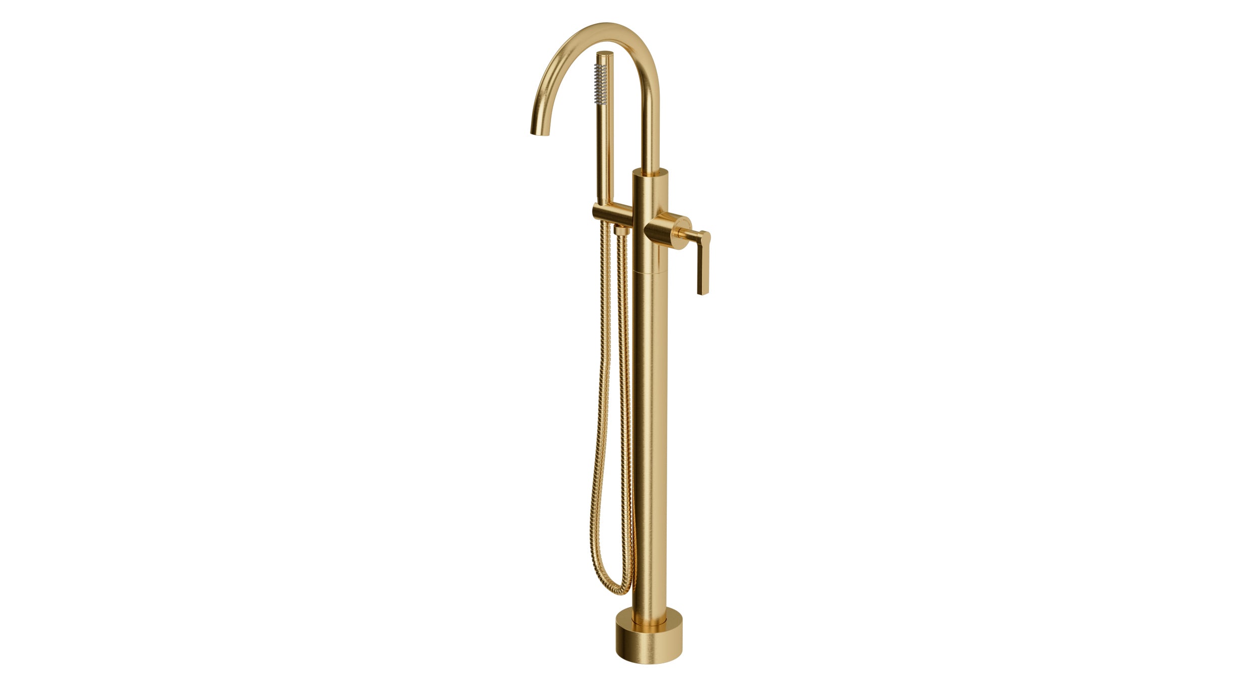 Flatiron One Handle Floor Mount Gooseneck Bath Trim with Hand Shower and Linear Lever Handle in Satin Brass