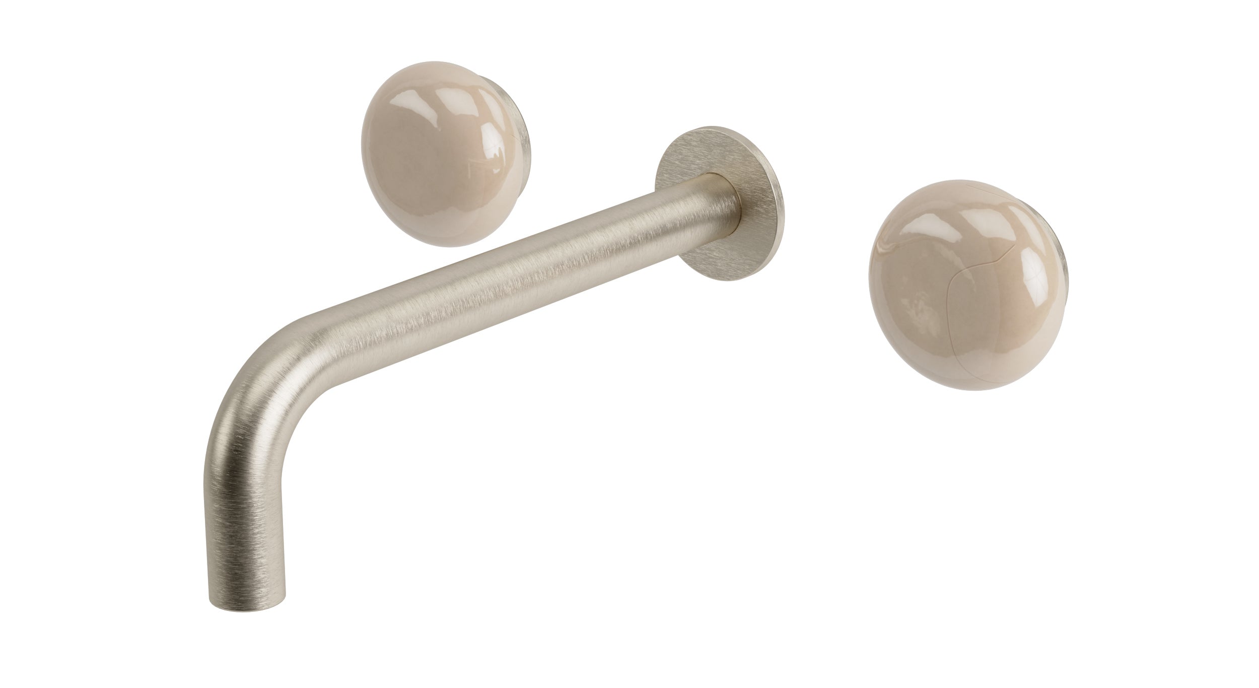 Foundry Two Handle Wall Mount 7.5" Lavatory Faucet with Pebble Ceramic Knob Handles in Satin Nickel