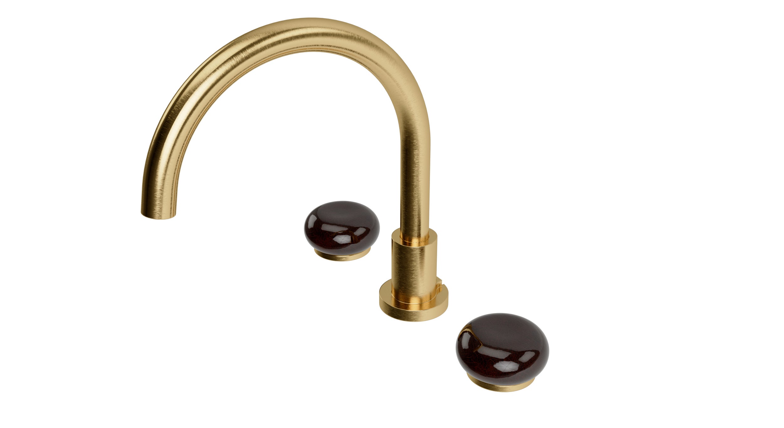 Foundry Two Handle Deck Mount Gooseneck Bath Trim with Pebble Ceramic Knob Handles in Satin Brass