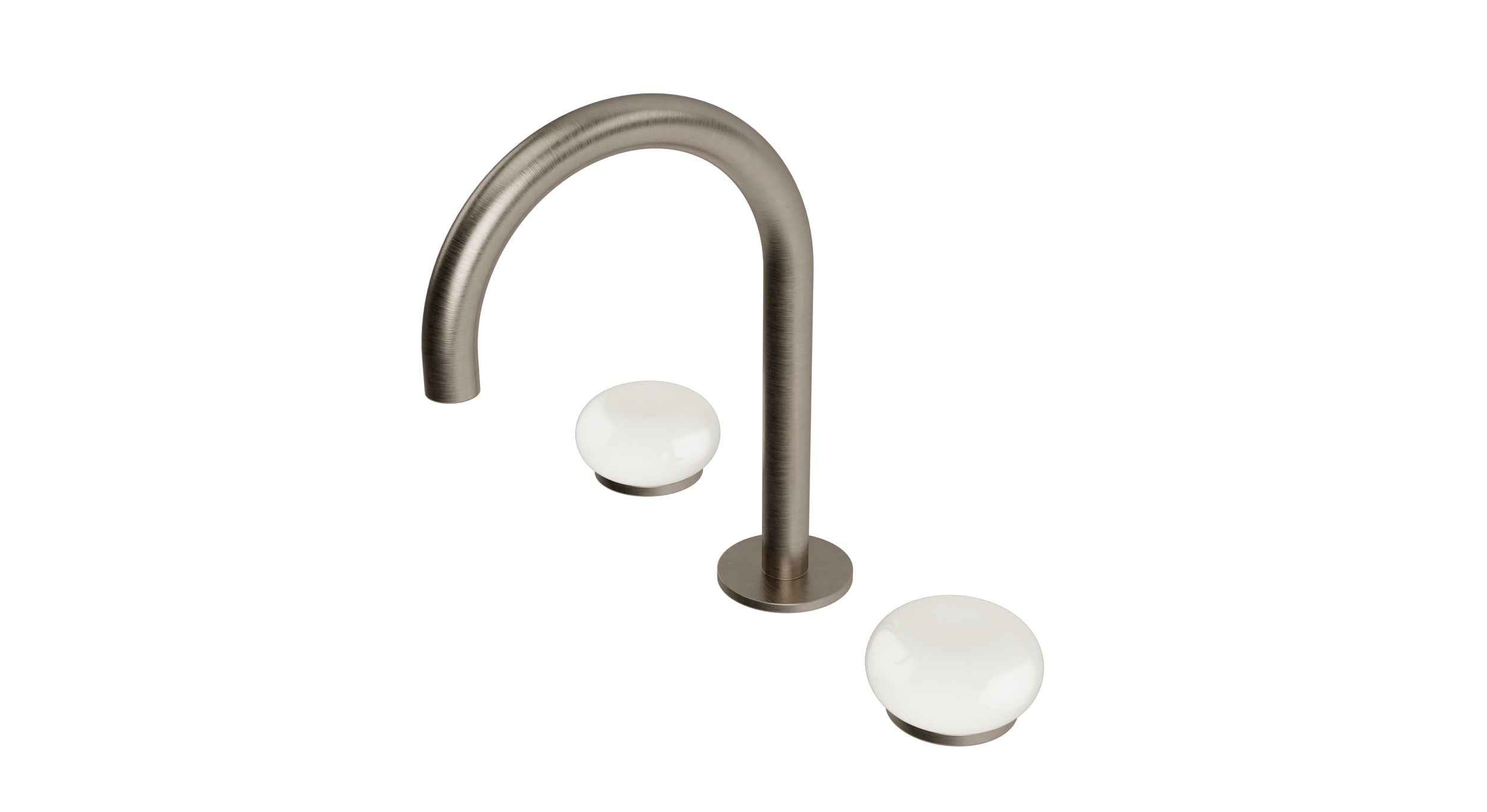Foundry Two Handle Deck Mount Gooseneck Lavatory Faucet with Pebble Ceramic Knob Handles in Antique Nickel