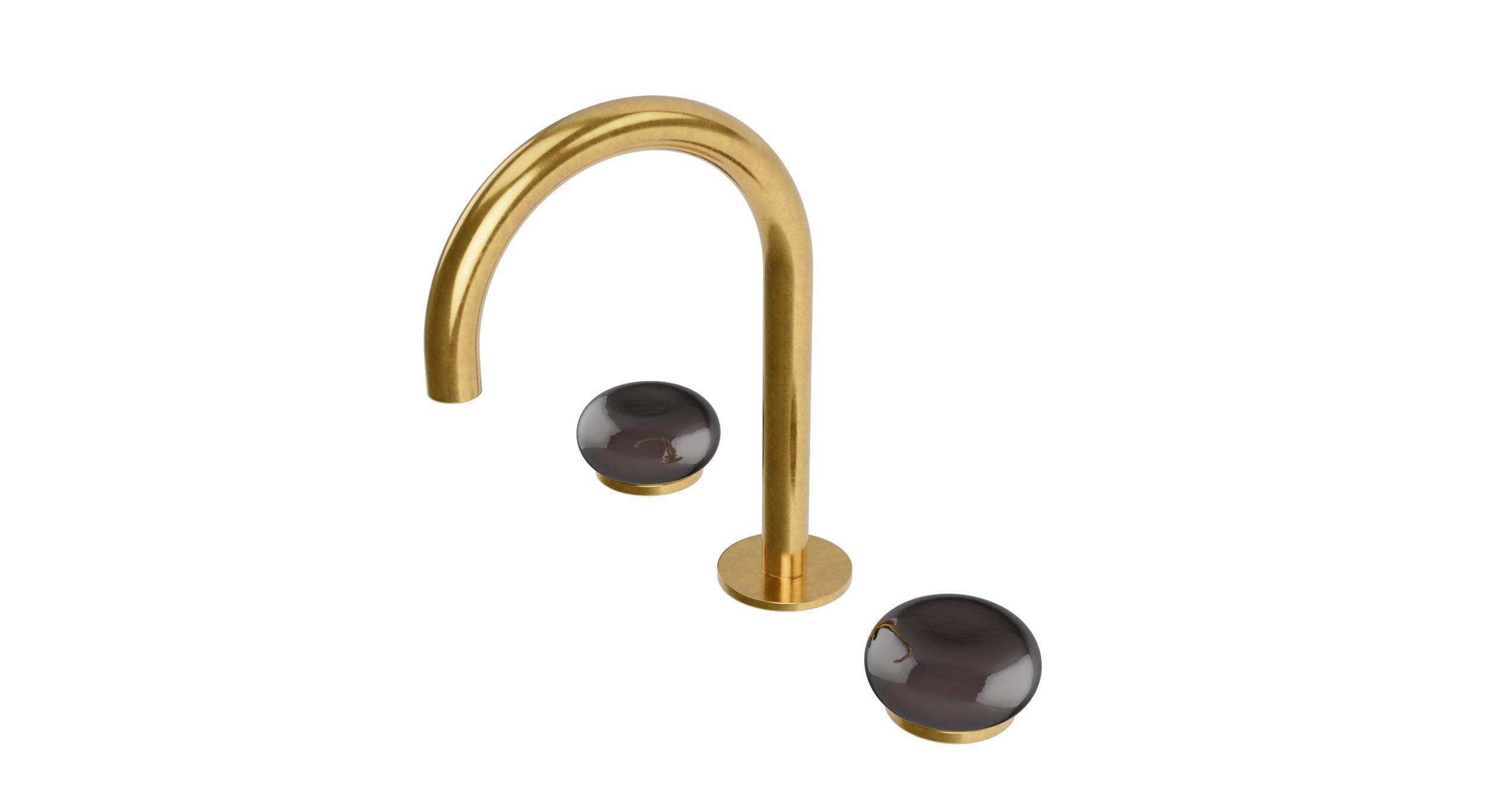 Foundry Two Handle Deck Mount Gooseneck Lavatory Faucet with Pebble Ceramic Knob Handles in French Brass