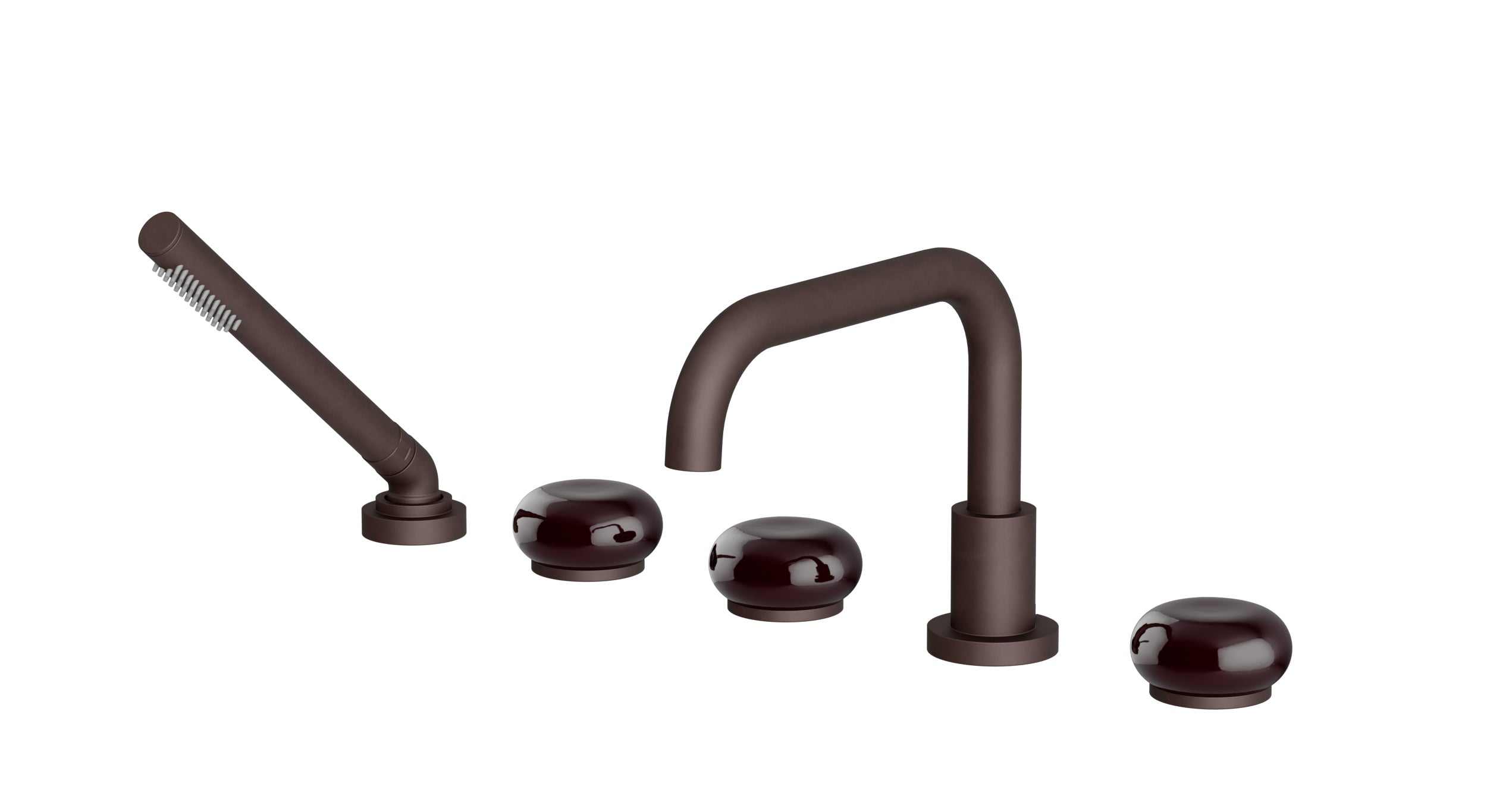 Foundry Three Handle Deck Mount Squaretop Bath Trim with Hand Shower and Pebble Ceramic Knob Handles in Architectural Copper