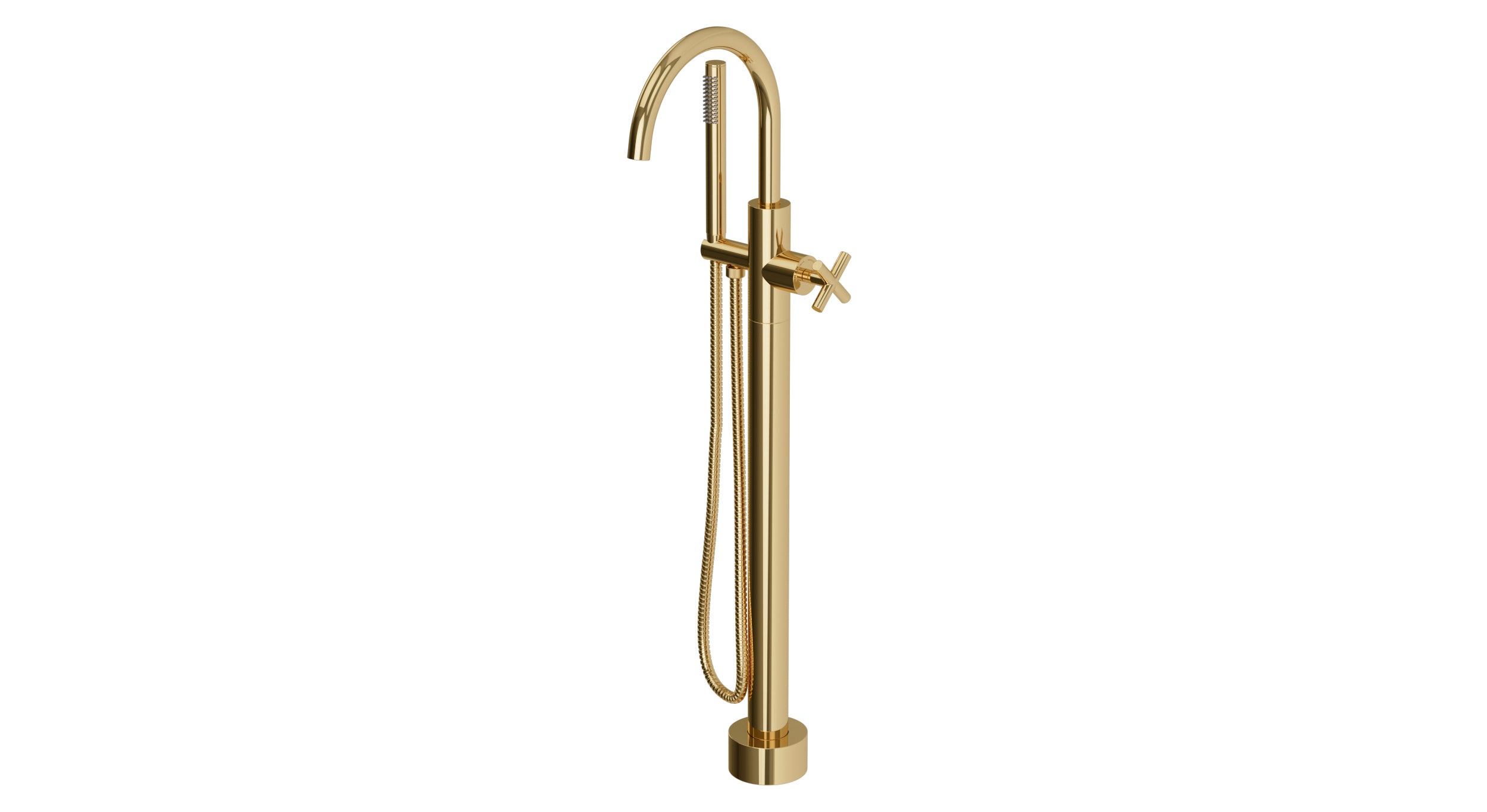 Contour One Handle Floor Mount Gooseneck Bath Trim with Hand Shower and Soft Cross Handle in Polished Brass