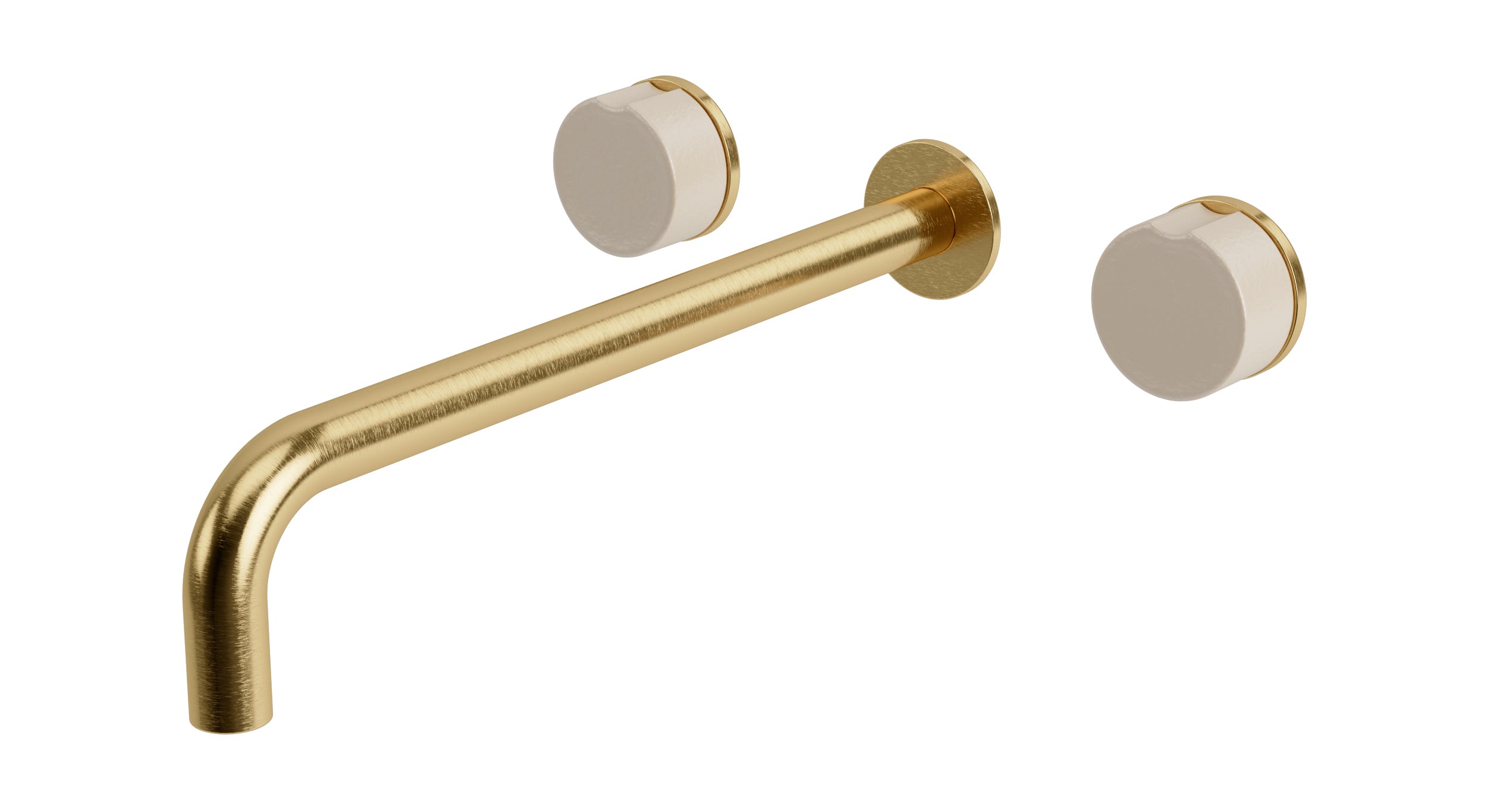 Foundry Two Handle Wall Mount 12" Lavatory Faucet with Groove Ceramic Knob Handles in Satin Brass