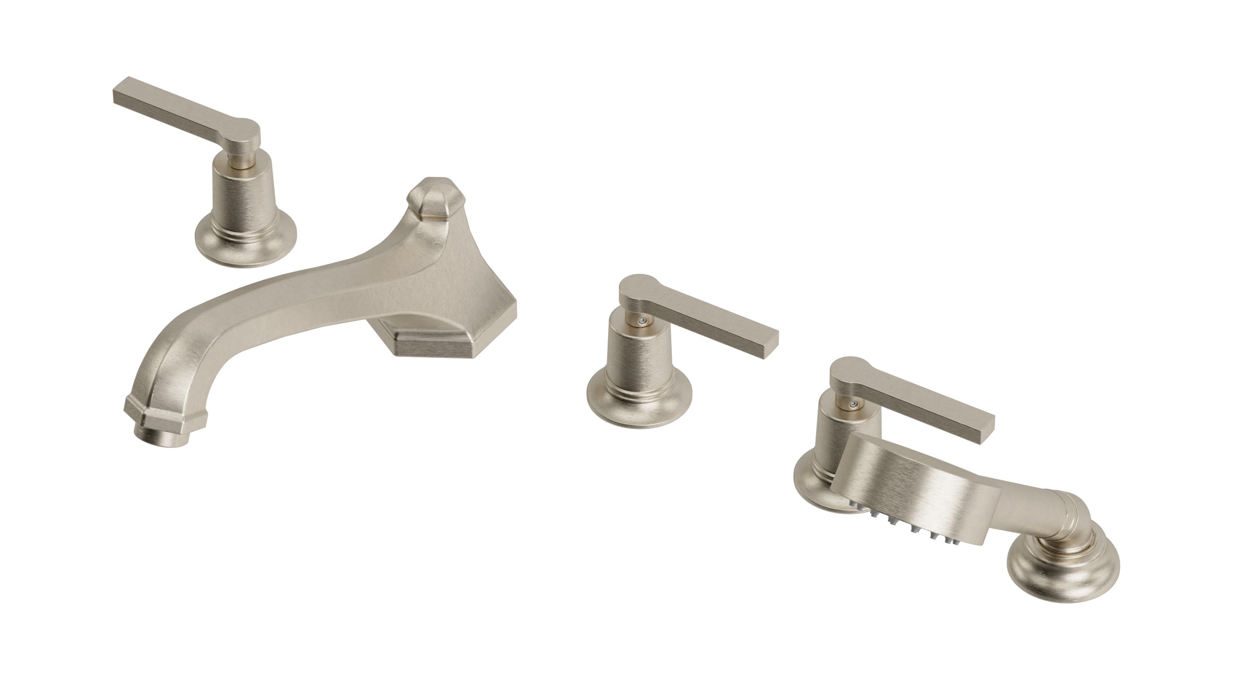 Emerson Three Handle Deck Mount Low Hexagon Bath Trim with Hand Shower and Classic Lever Handles in Satin Nickel