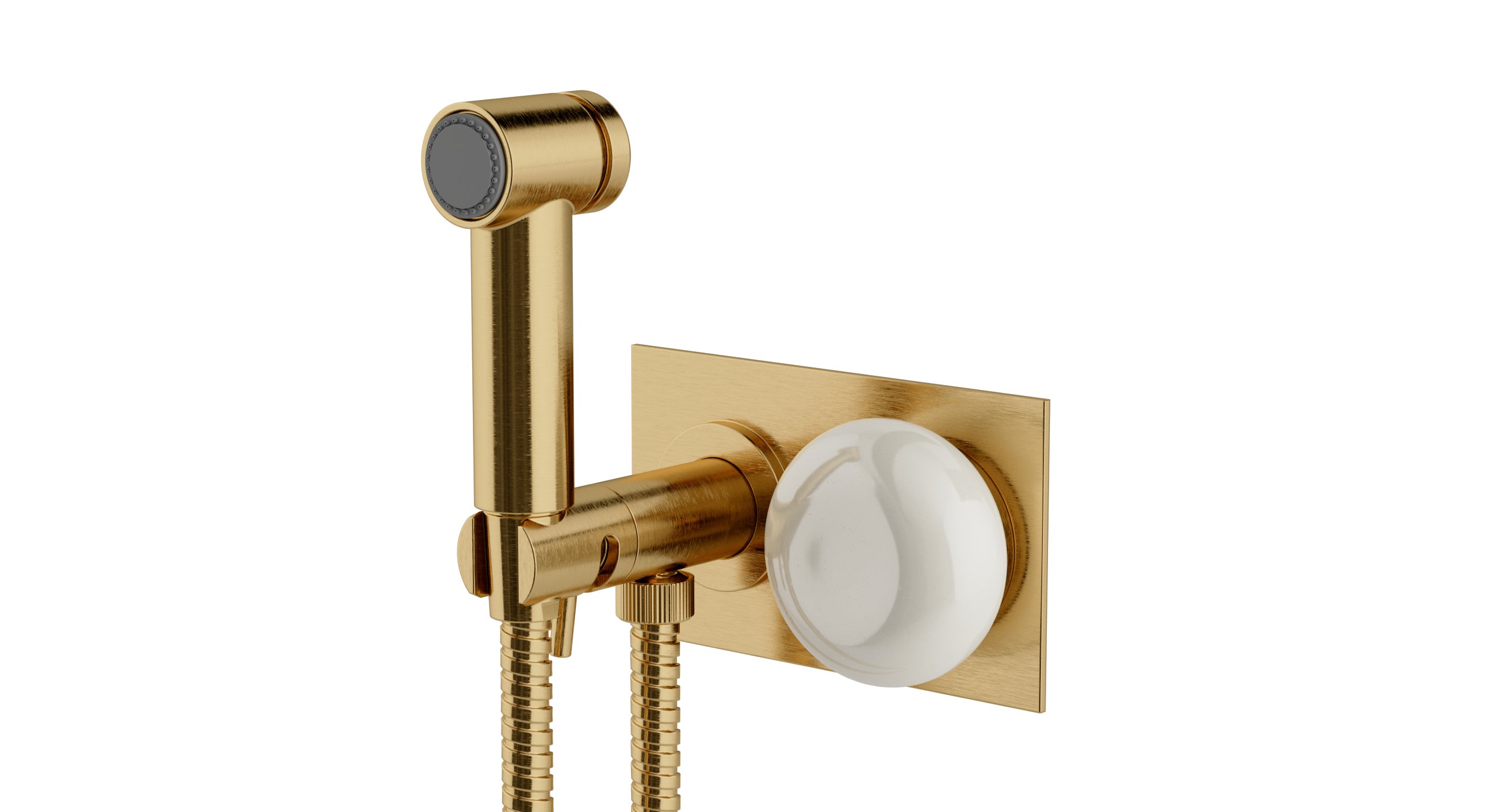 Foundry One Handle Wall Mount Bidet Trim with Pebble Ceramic Knob Handle in Satin Brass