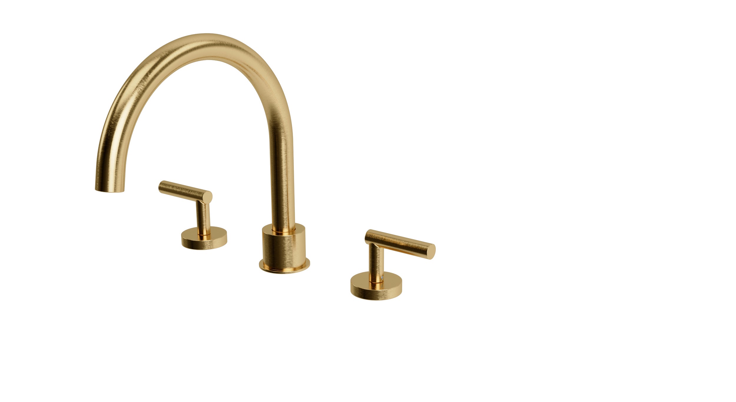 Contour Two Handle Deck Mount Gooseneck Bath Trim with Soft Lever Handles in Satin Brass