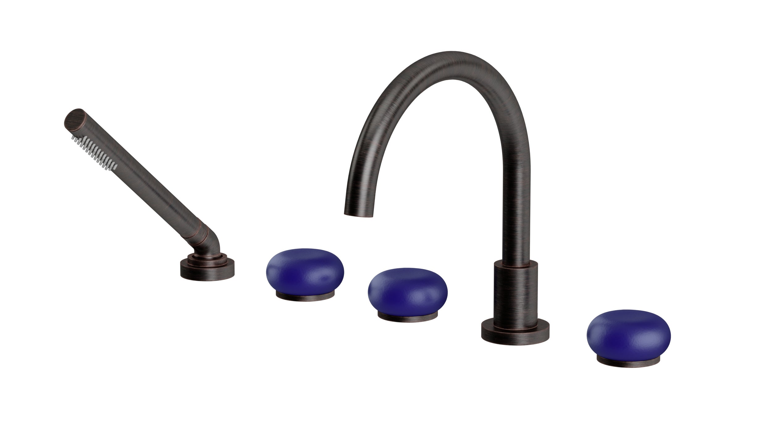 Foundry Three Handle Deck Mount Gooseneck Bath Trim with Hand Shower and Pebble Ceramic Knob Handles in Antique Bronze