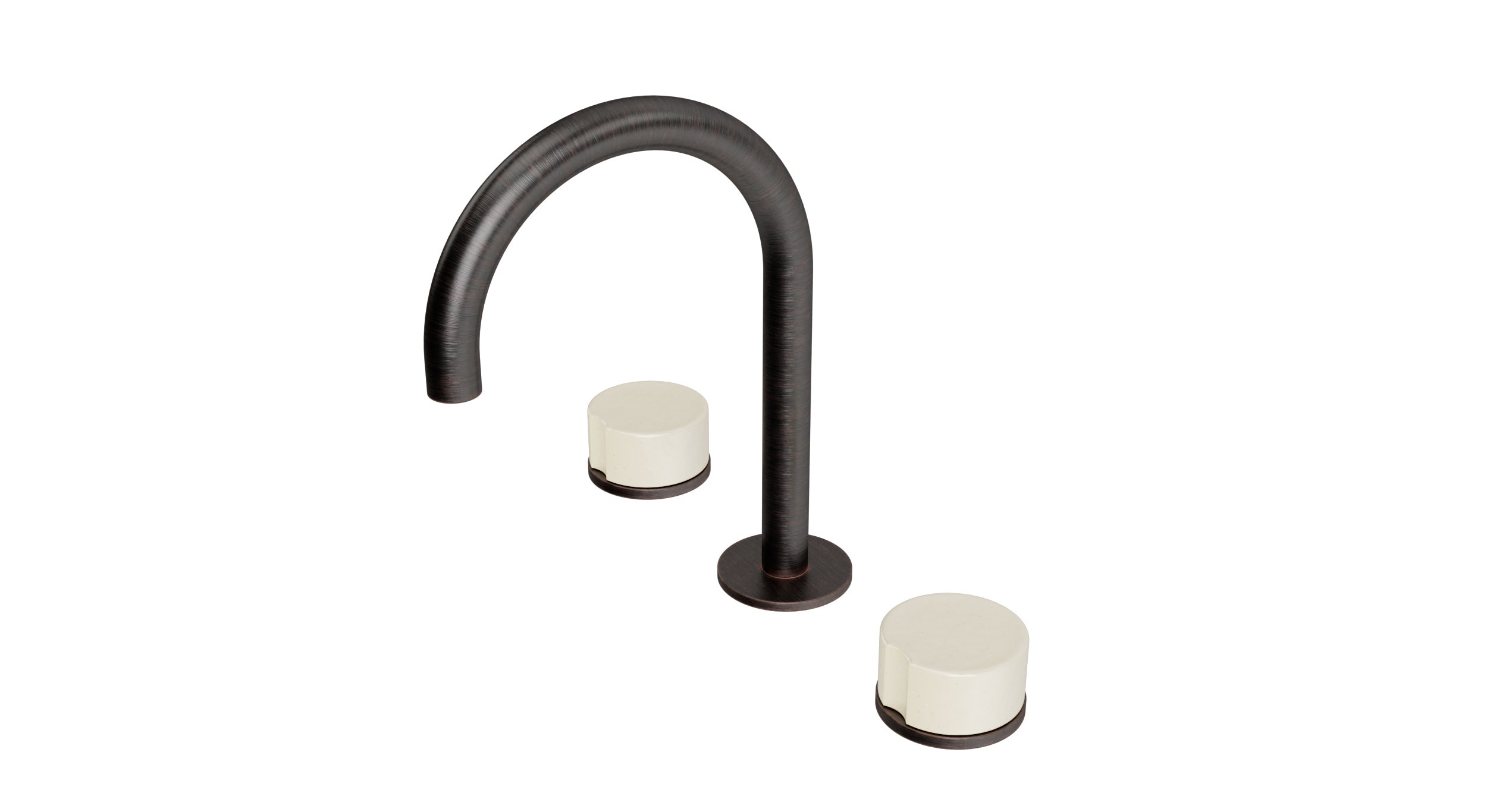 Foundry Two Handle Deck Mount Gooseneck Lavatory Faucet with Groove Ceramic Knob Handles in Antique Bronze