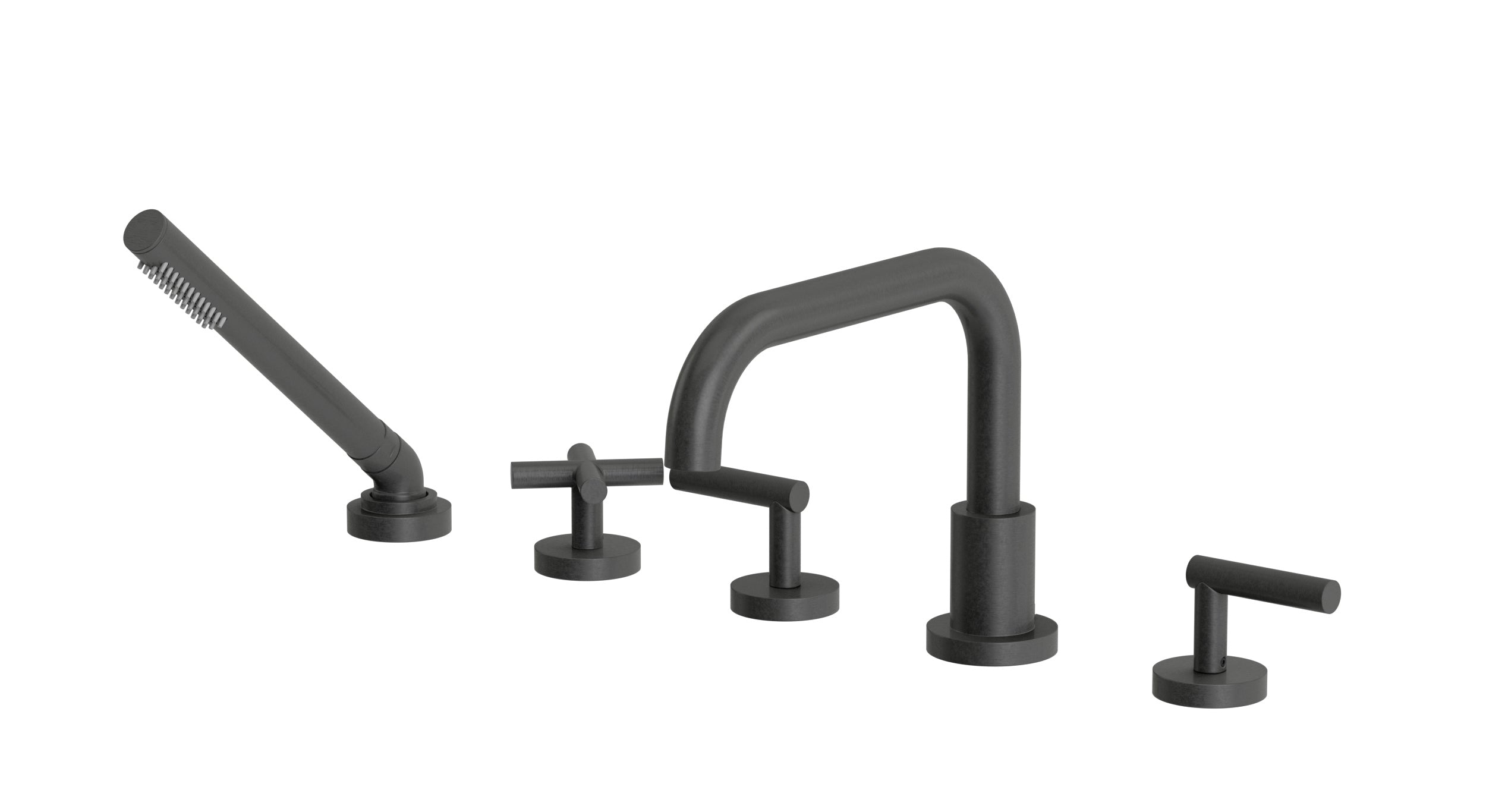 Contour Three Handle Deck Mount Squaretop Bath Trim with Hand Shower and Soft Cross/Soft Lever Handles in Blackened Nickel