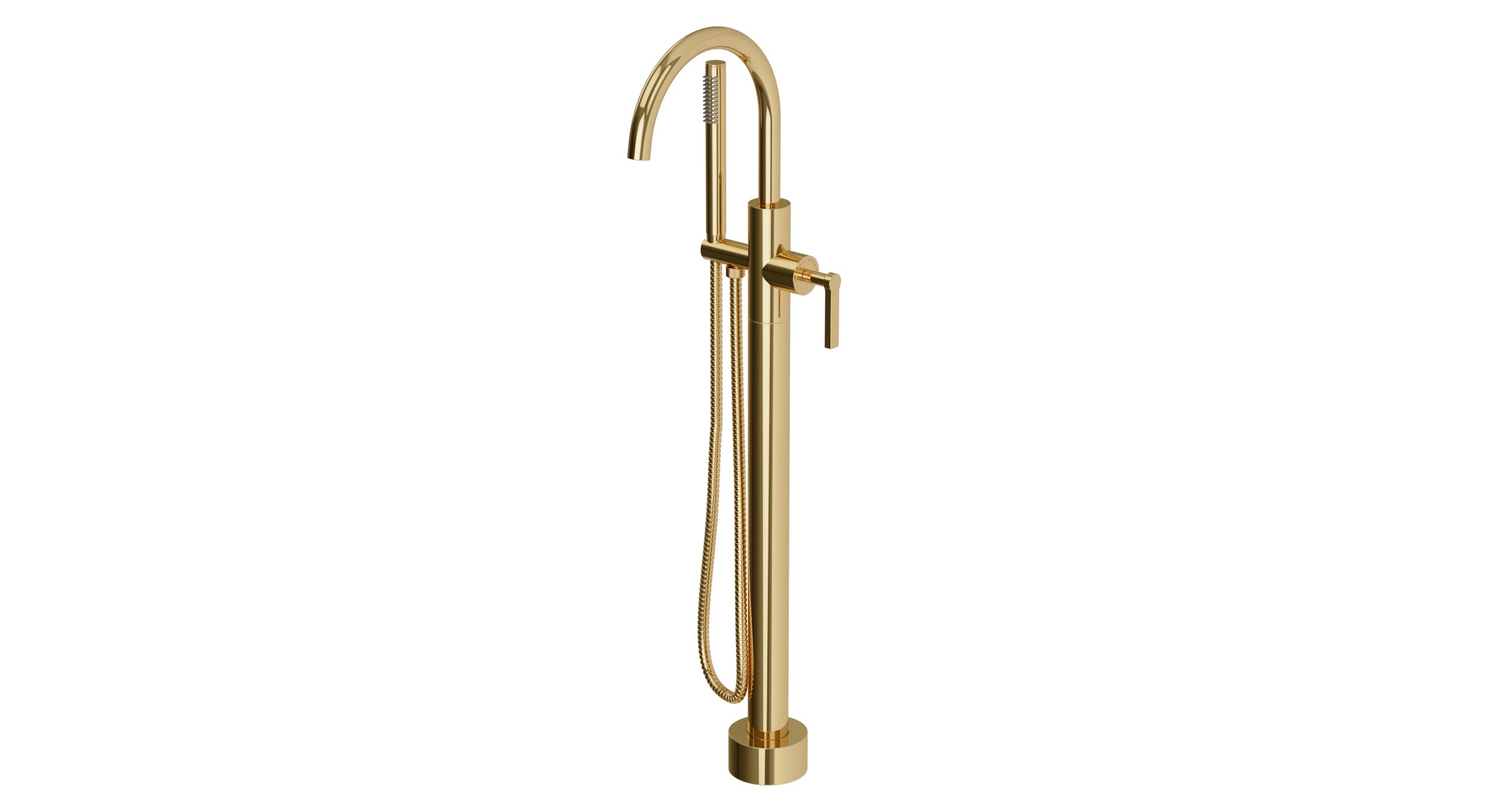 Flatiron One Handle Floor Mount Gooseneck Bath Trim with Hand Shower and Linear Lever Handle in Polished Brass